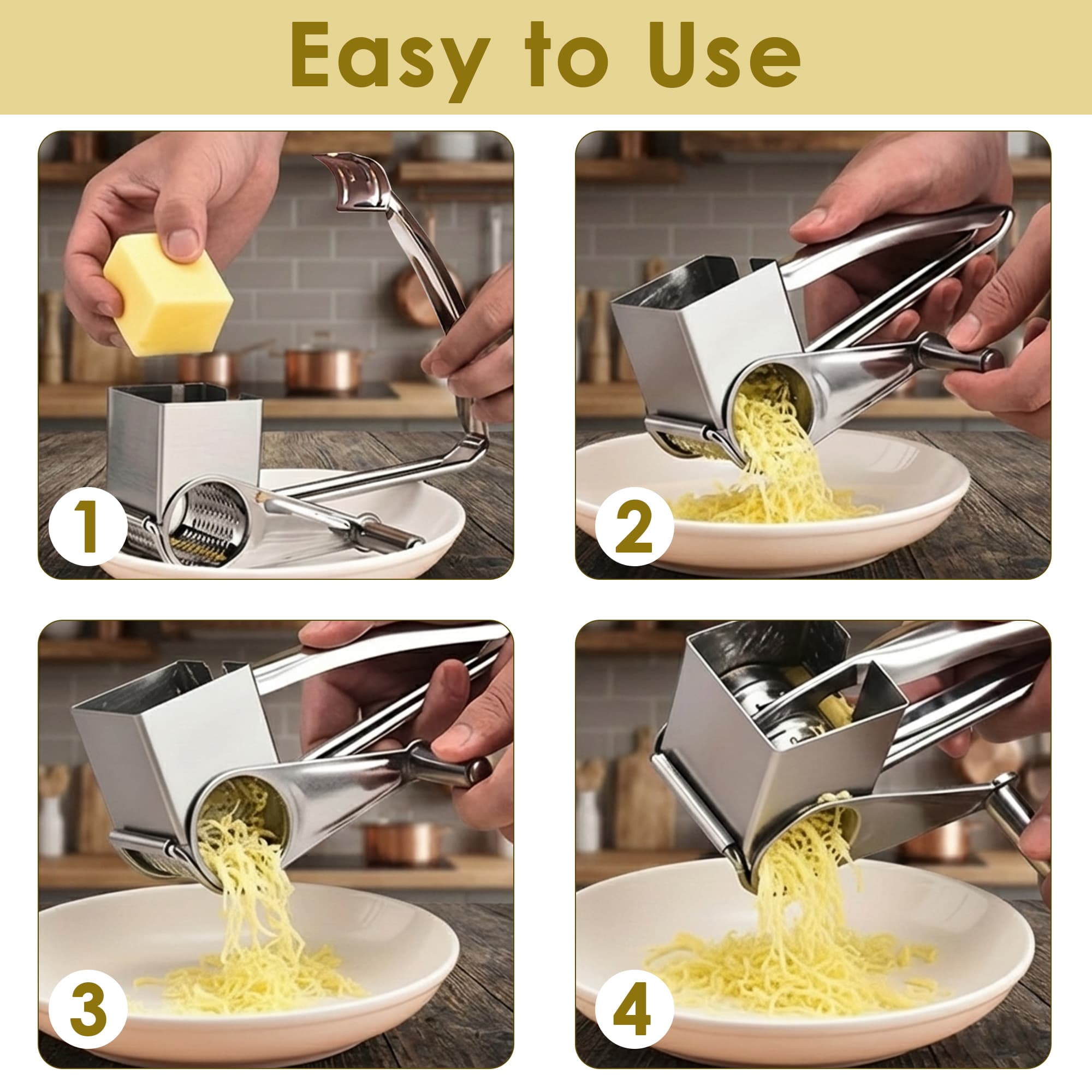 ReignSword Stainless Steel Rotary Cheese Grater, Manual Hand Crank Shredder Slicer with 4 Drums, Handheld Kitchen Tool for Hard Cheese, Chocolate, Nuts - 3