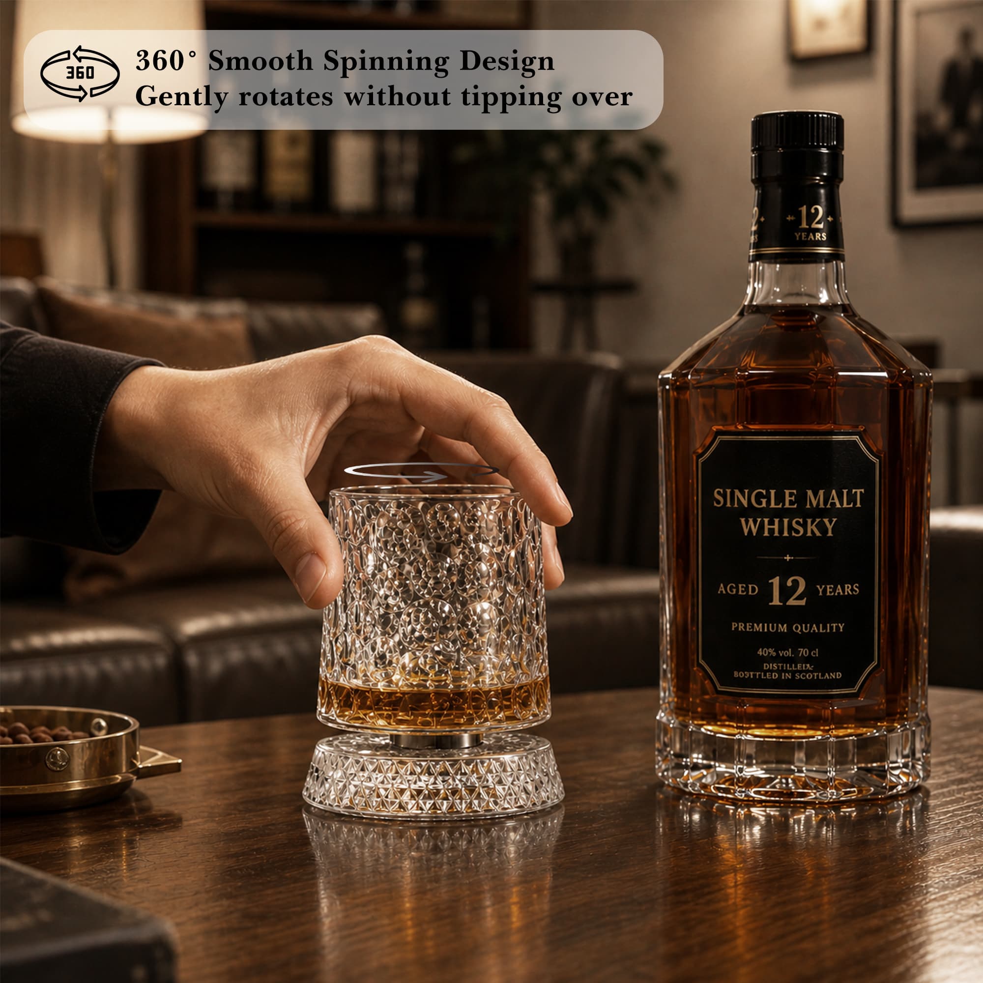 ReignSword Rotating Crystal Whiskey Glass Set, 9oz Spinning Old Fashioned Tumbler with Engraved Design, Stress Relief Cocktail Cup for Men Home Bar (Bubble) - 5