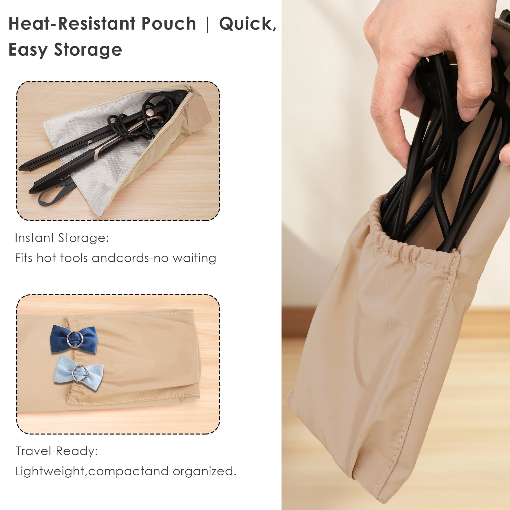 ReignSword Hair Tools Travel Bag, Heat Resistant Hot Iron Holder, Portable Hot Iron Mat for Curling Iron, Flat Iron, Hair Straightener (Apricot) - 3