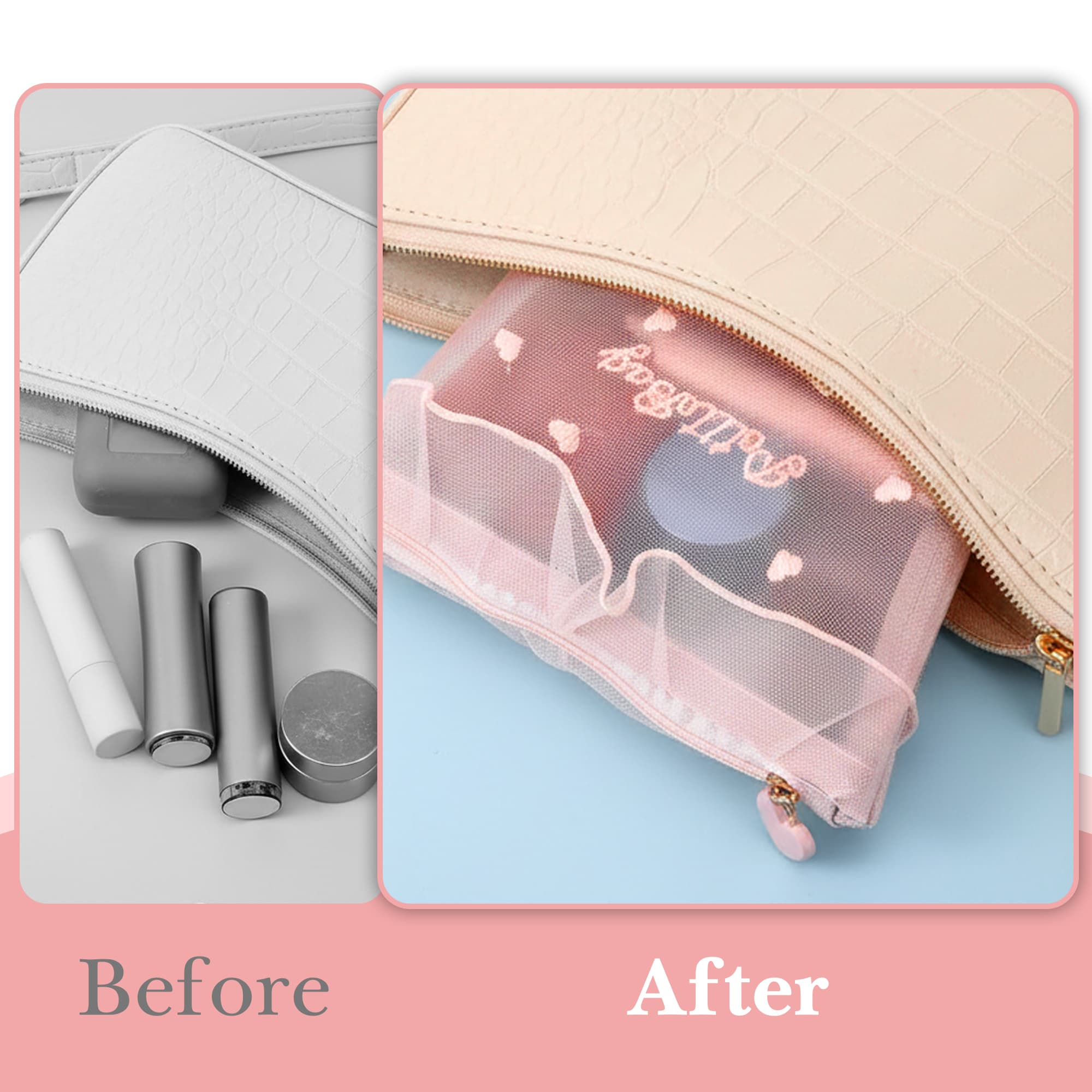 ReignSword 2 Pcs Cute Coquette Y2K Makeup Bags, Soft Mesh Zipper Storage Pouch for Earphones and Charging Cables, Travel Mini Bag for Women (Pink) - 5