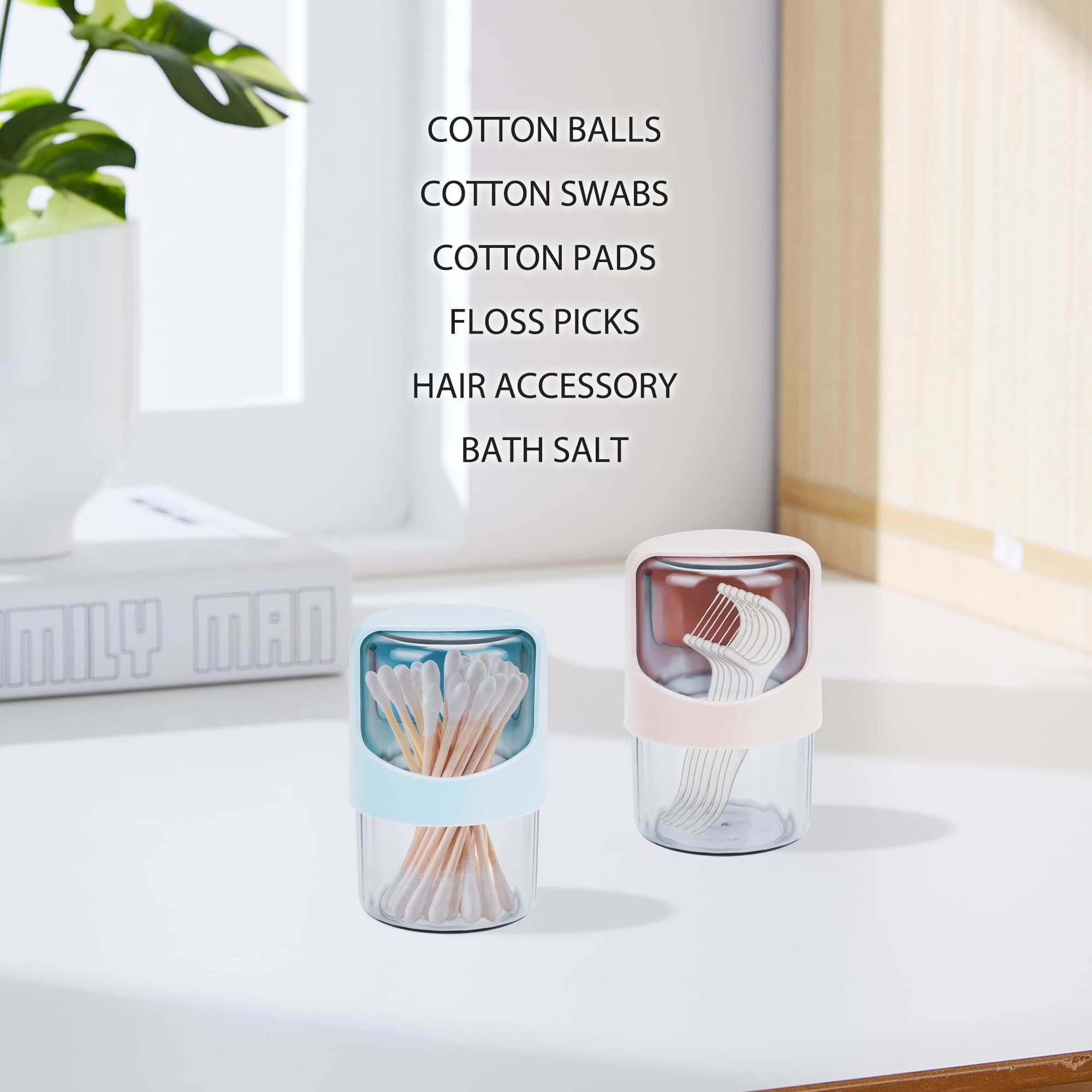 ReignSword 2 Pack Qtip Holder Dispenser with Rotating Lid, Clear Cotton Swab Holder Plastic Container, Bathroom Jar Organizer for Cotton Swabs, Balls, Pads, Dental Floss (Pink & Blue) - 5
