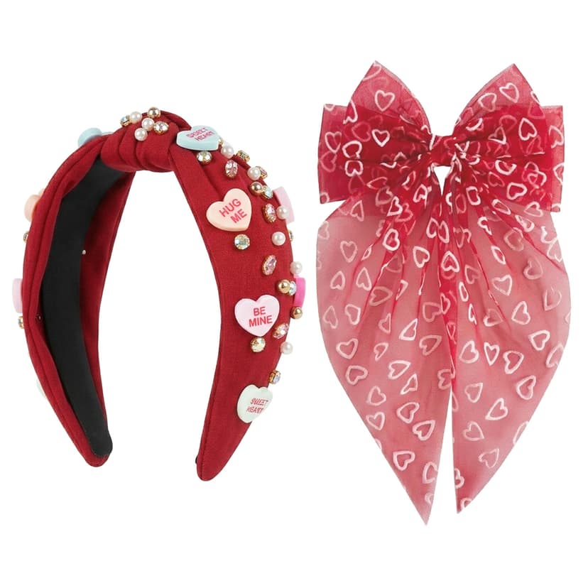 ReignSword Valentine's Day Hair Accessories Set for Women Girls, Crystal Knotted Headband with Long Tail Mesh Bow Hair Clip, Red Fashion Party Wedding Birthday Gifts