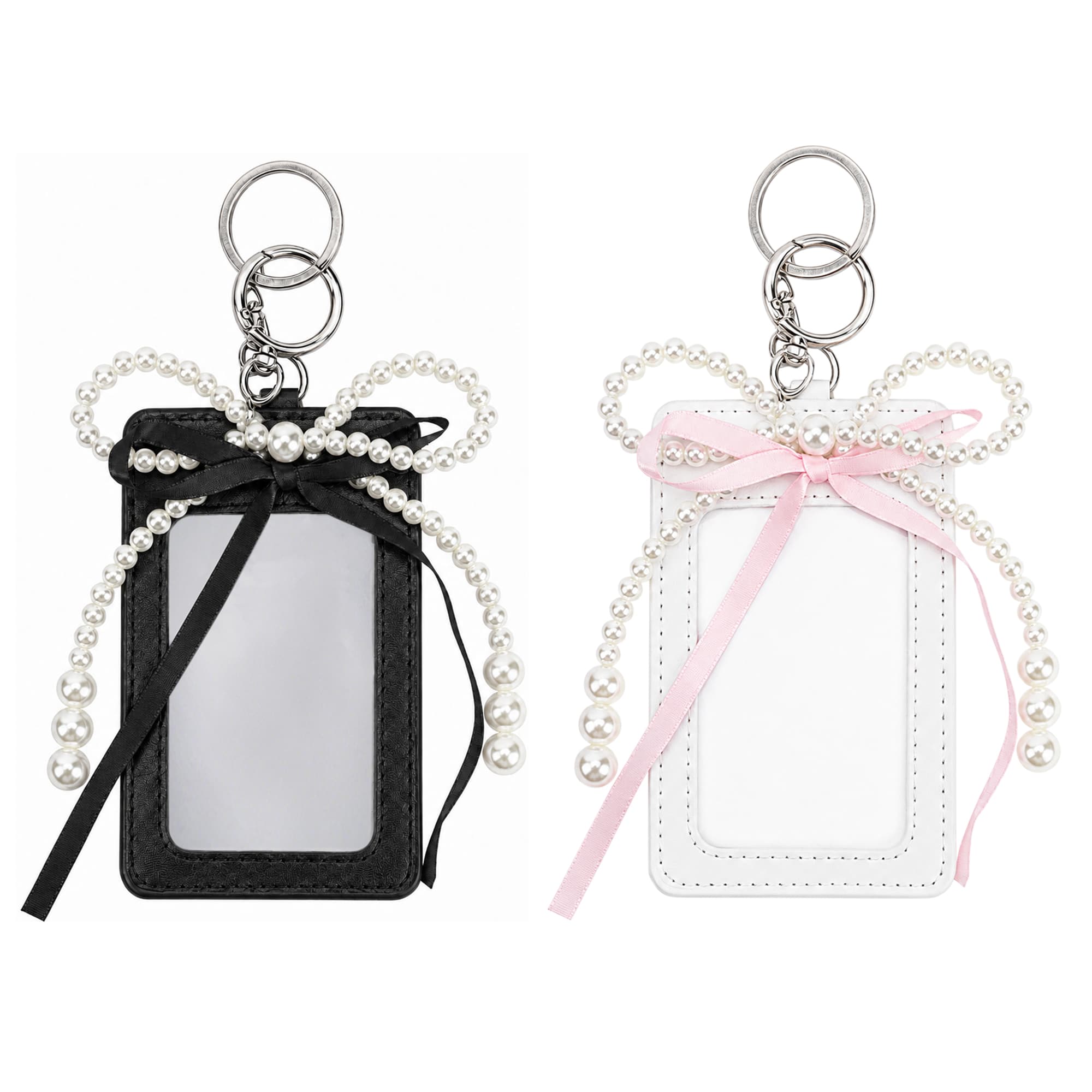 ReignSword 2-Pack Photocard Holder with Pearl Bow, Vegan Leather Cute Badge Holders, Transparent Photo Card Display Case for Bus Bank ID Cards (4.3" x 2.8", Black & White) - 1
