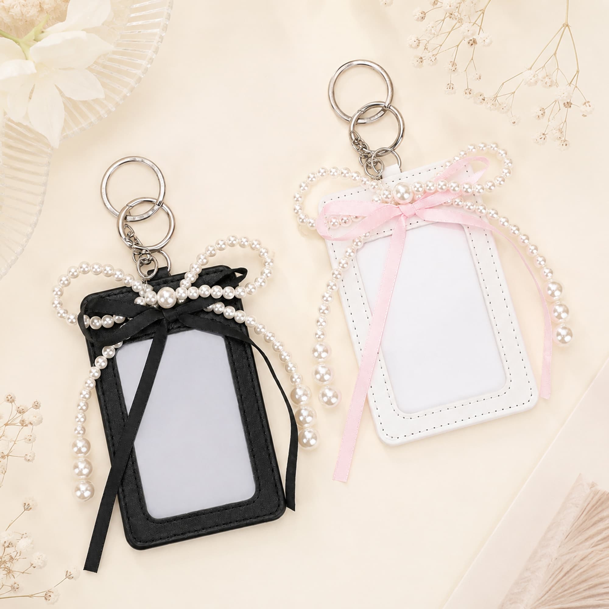 ReignSword 2-Pack Photocard Holder with Pearl Bow, Vegan Leather Cute Badge Holders, Transparent Photo Card Display Case for Bus Bank ID Cards (4.3" x 2.8", Black & White) - 4