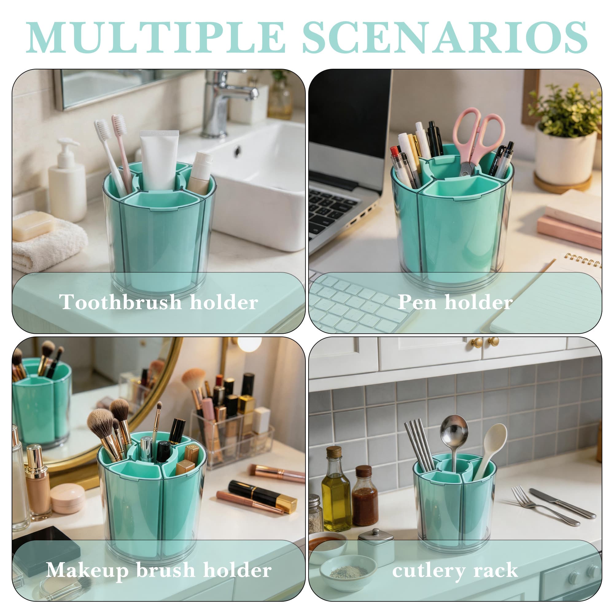 ReignSword 360° Rotating Pen Holder, Expandable 5-9 Slots Desk Organizer, Clear Detachable Pencil Cup Caddy, Aesthetic Desktop Supplies for Office Home (Green) - 5