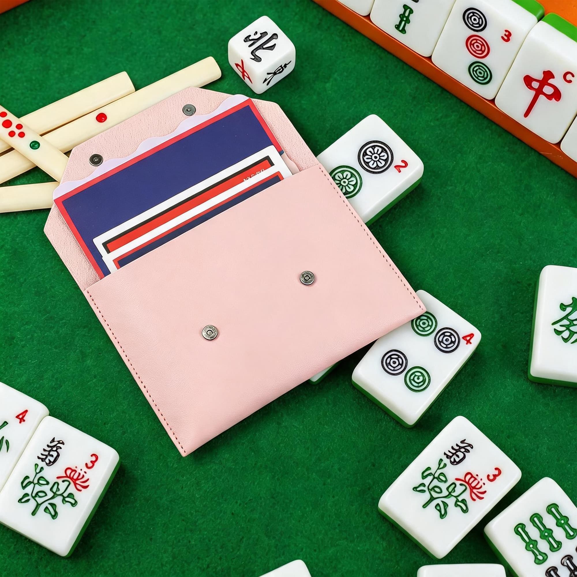 ReignSword Mahjong Card Holder, Vegan Leather Envelope Style Storage Bag, Portable Magnetic Snap Card Organizer, Travel Pouch for Mahjong Accessories (Pink, 8 x 5.8 Inch) - 4