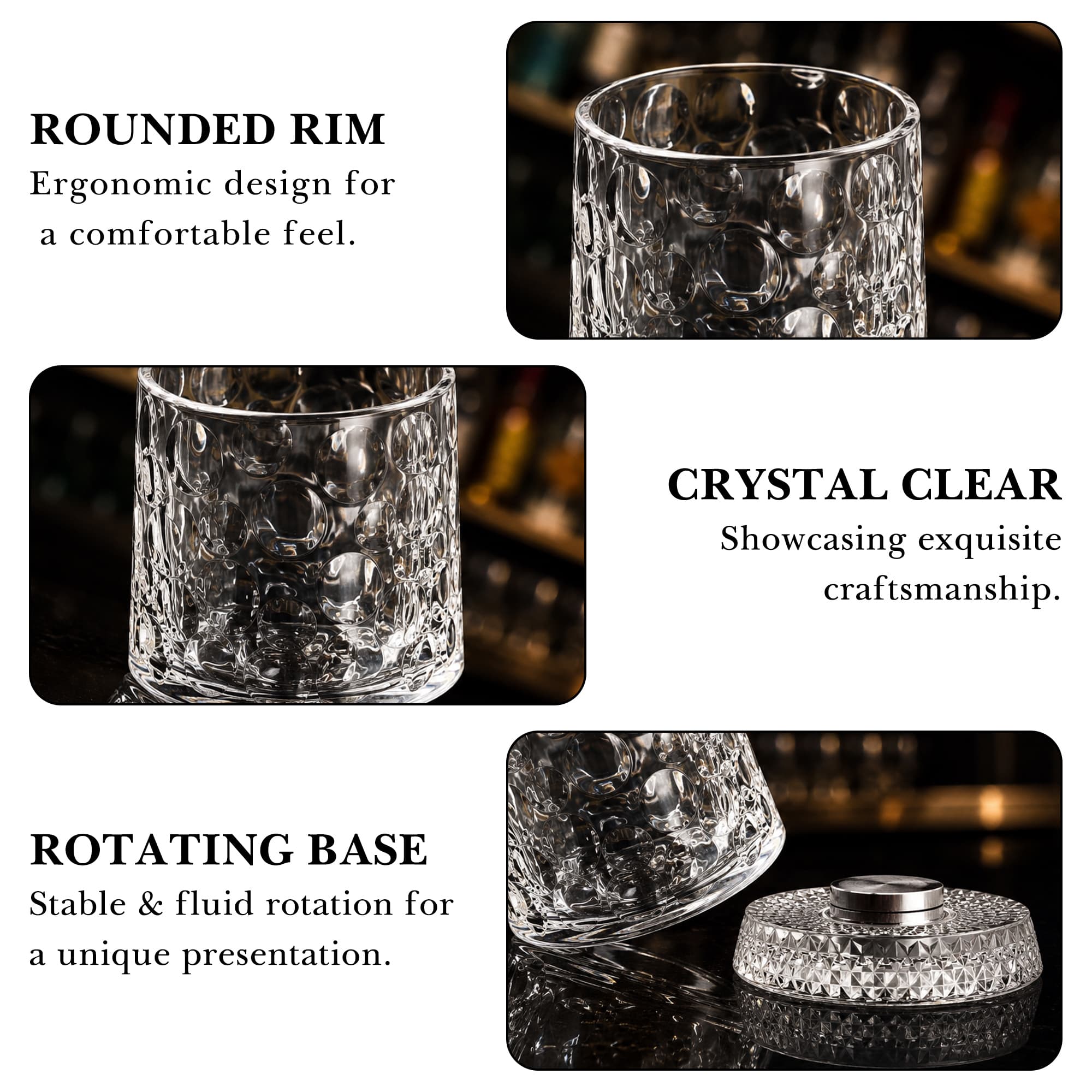 ReignSword Rotating Crystal Whiskey Glass Set, 9oz Spinning Old Fashioned Tumbler with Engraved Design, Stress Relief Cocktail Cup for Men Home Bar (Bubble) - 4