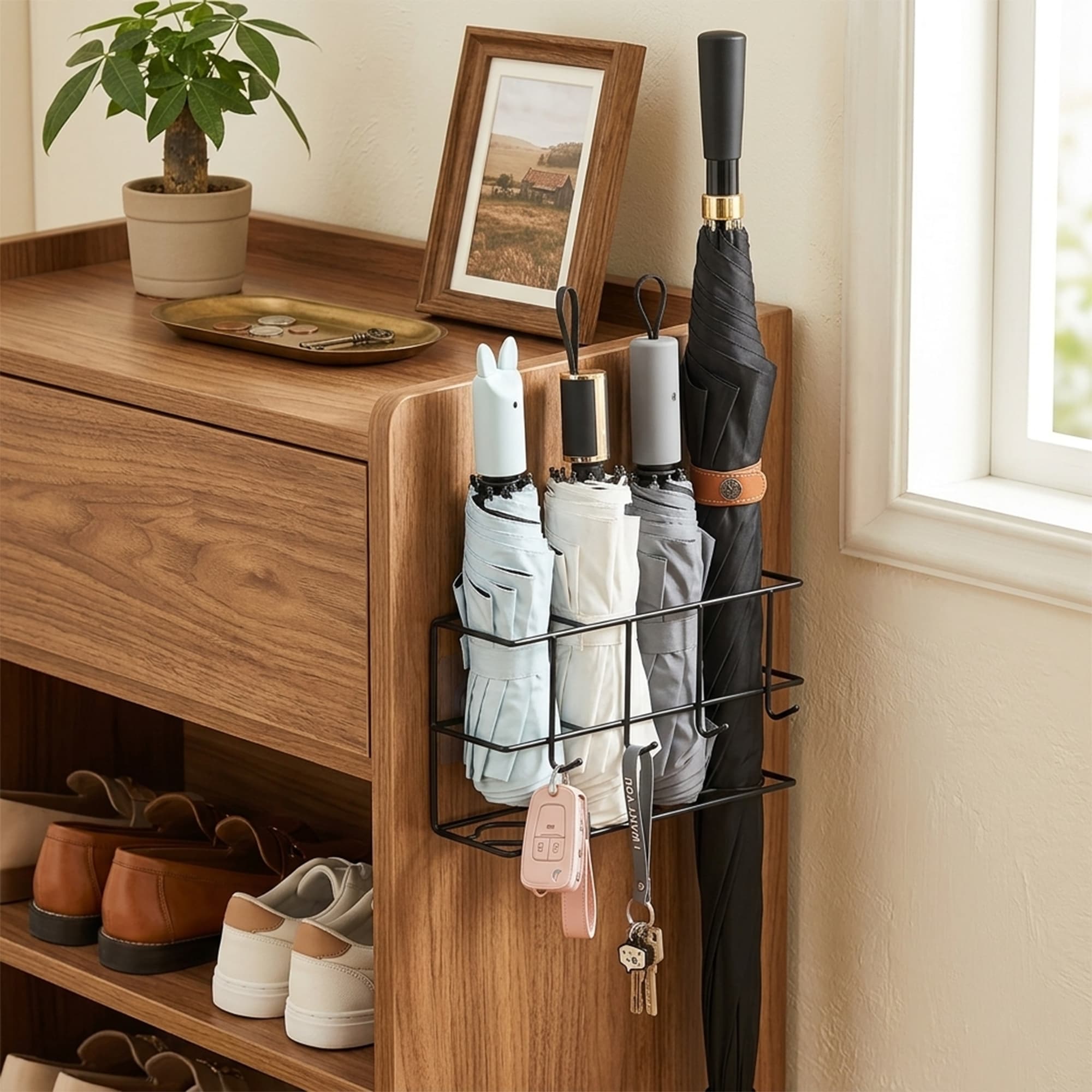 ReignSword Umbrella Holder for Entryway, Self-Adhesive Umbrella Rack with 4 Hooks, Metal Space Saving Storage Organizer for Home Office Outdoors (Black) - 6