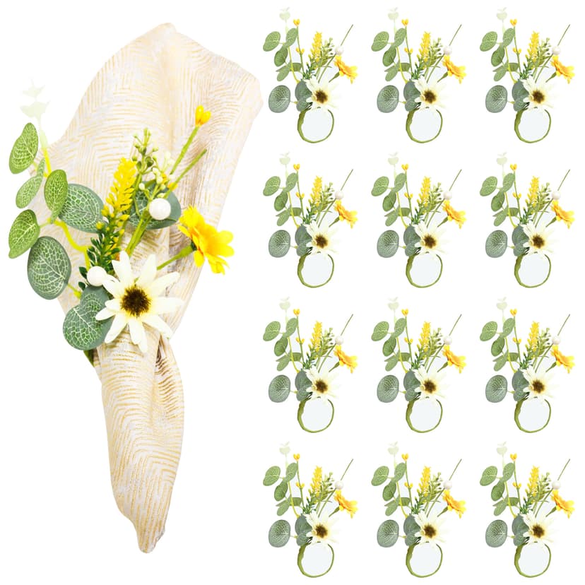 ReignSword 12 Pack Daisy Rustic Napkin Rings, Eucalyptus Leaves Flower Napkin Ring Holder with Pearl, Farmhouse Table Decor for Christmas Thanksgiving Wedding