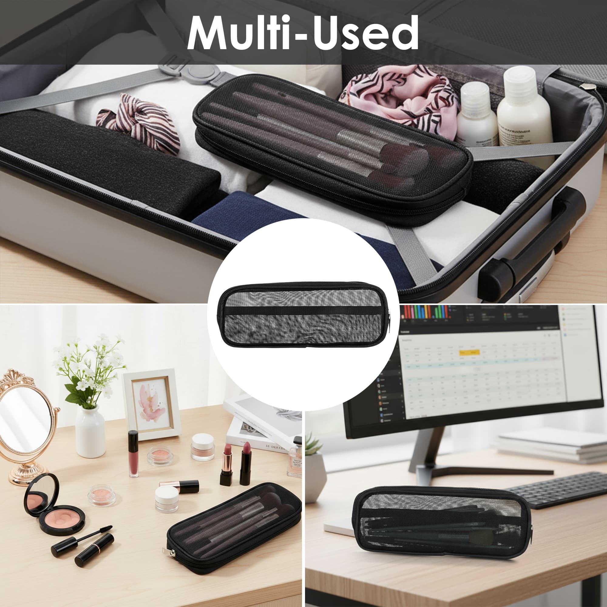 ReignSword 2 Pcs Mesh Makeup Brush Bag with Zipper, Nylon Travel Makeup Brush Holder, Washable Cosmetic Pouch Pencil Case for Travel Essentials (Black) - 5