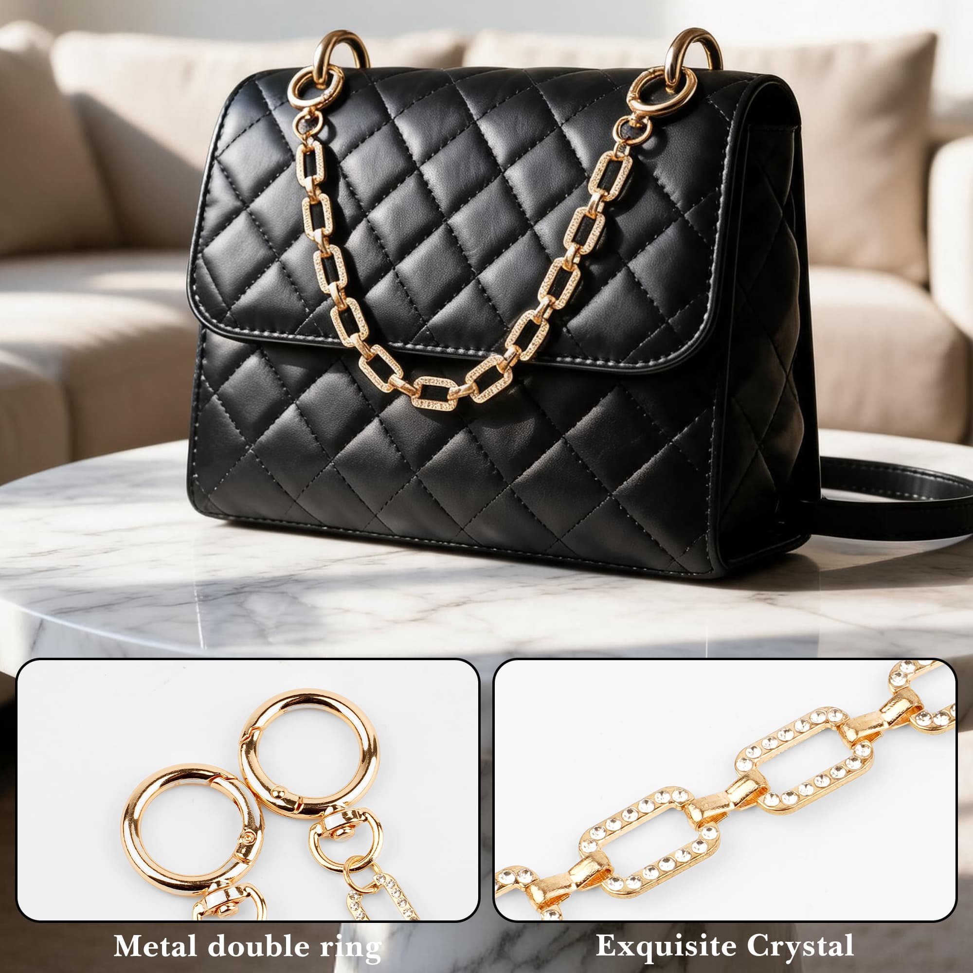 ReignSword Bag Accessory Chain for Women, Brilliant Zircon Square Link Purse Extender, Handbag Decor Strap for Wedding Evening Party (Gold, 12.2 Inch) - 3