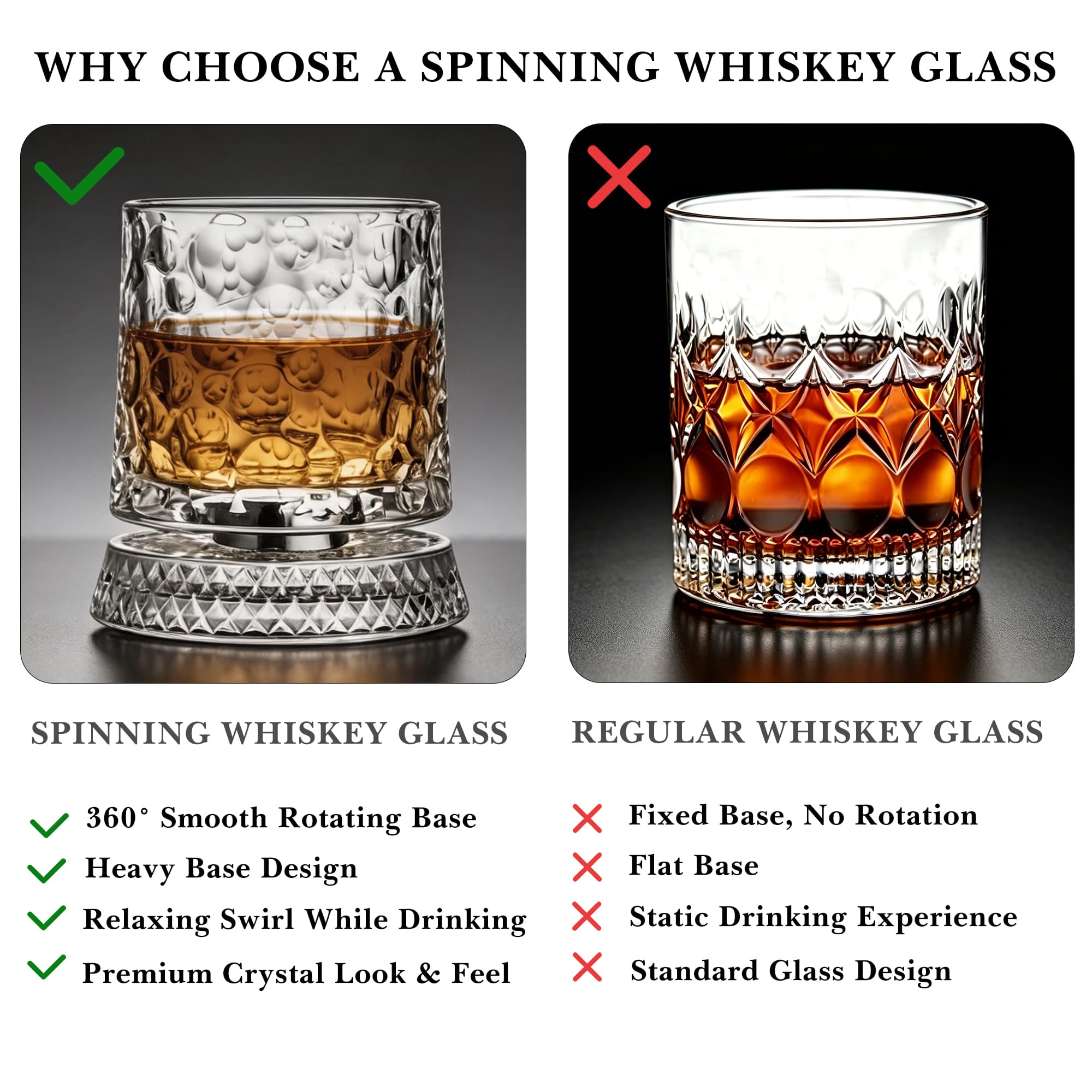 ReignSword Rotating Crystal Whiskey Glass Set, 9oz Spinning Old Fashioned Tumbler with Engraved Design, Stress Relief Cocktail Cup for Men Home Bar (Bubble) - 3