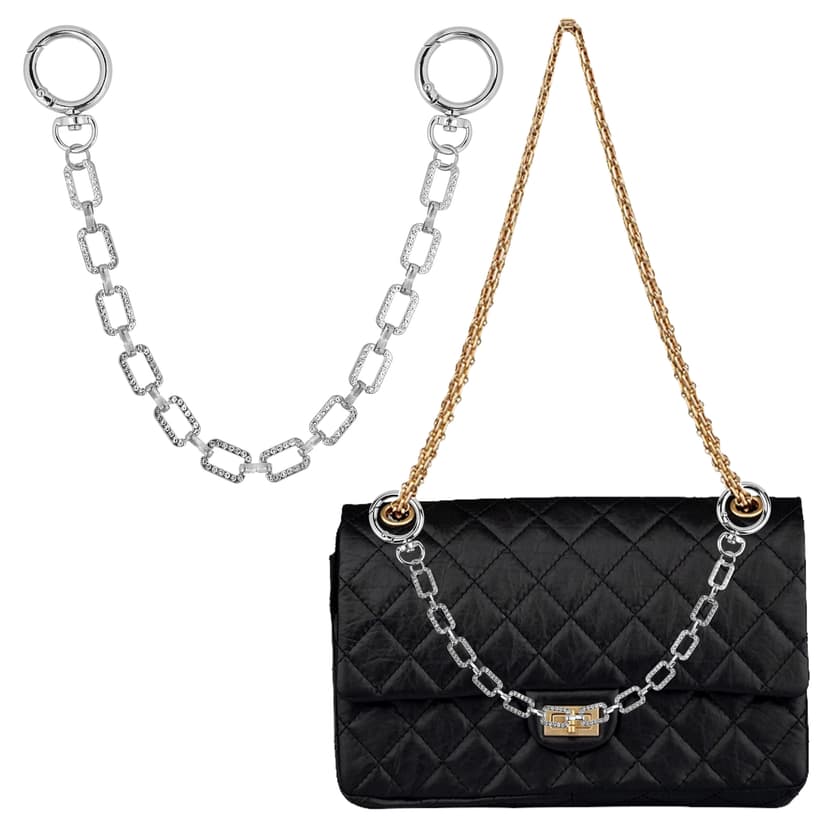 ReignSword Bag Accessory Chain for Women, Brilliant Zircon Square Link Purse Extender, Handbag Decor Strap for Wedding Evening Party (Silver, 12.2 Inch)