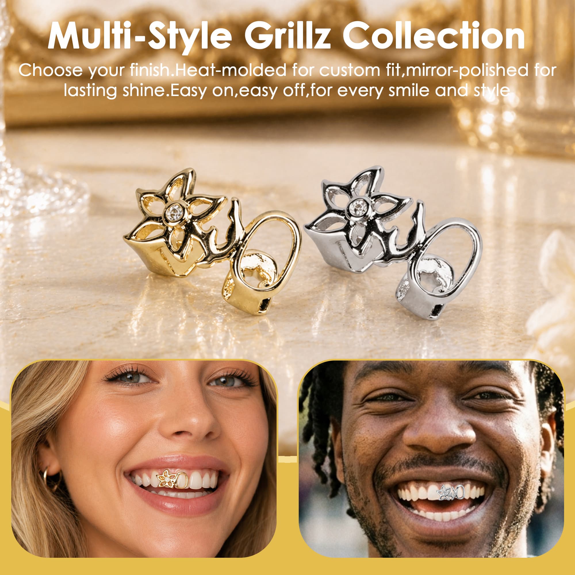 ReignSword Gold Teeth Grillz, Flower Star Design Hollow CZ Grill Caps, Adjustable Custom Fit with Molding Bars, Hip Hop Fashion Jewelry for Men Women - 3