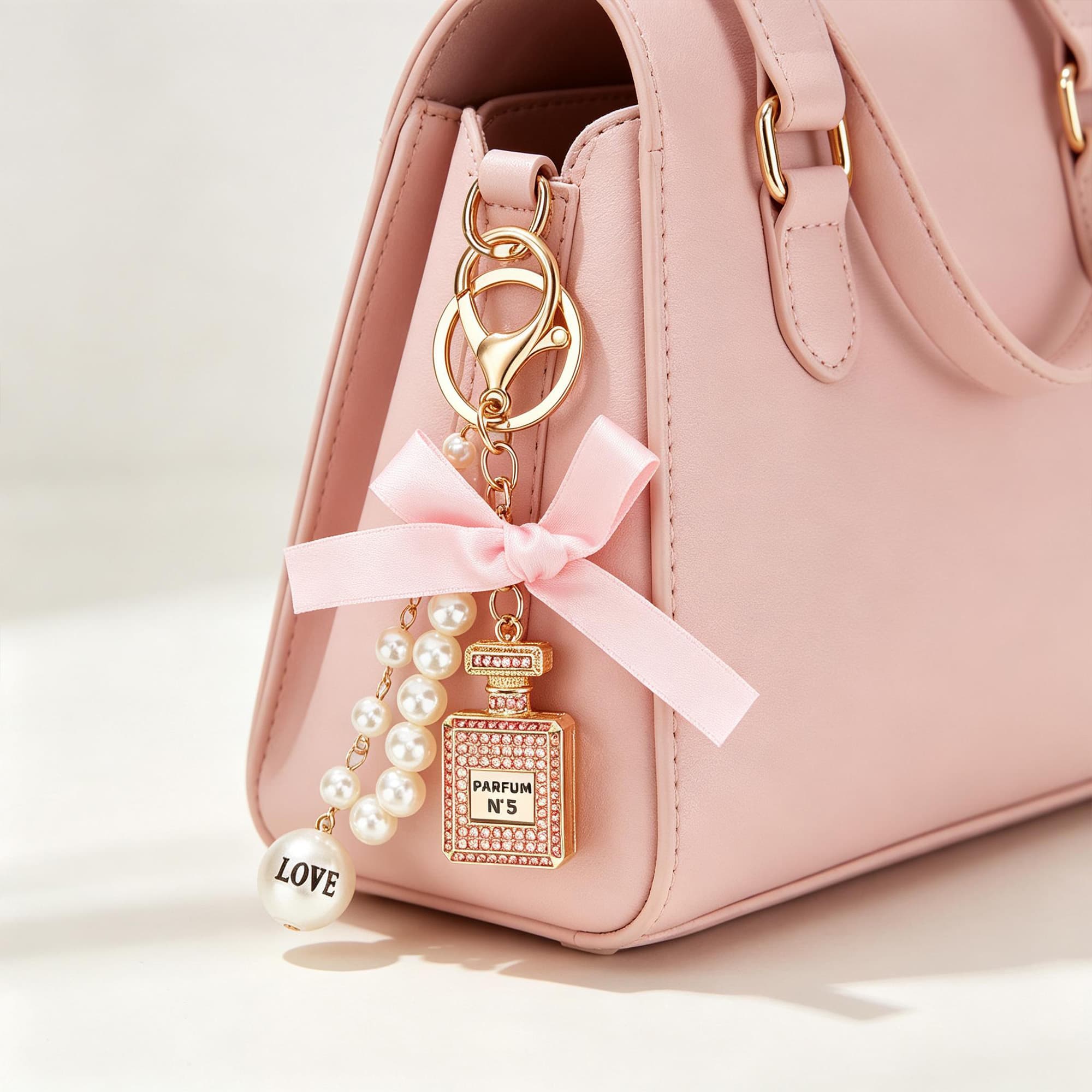 ReignSword Pearl Bow Perfume Purse Keychain for Women, Elegant Crystal Perfume Bottle Key Ring, Bling Car Key Chain & Handbag Charm (Pink) - 1