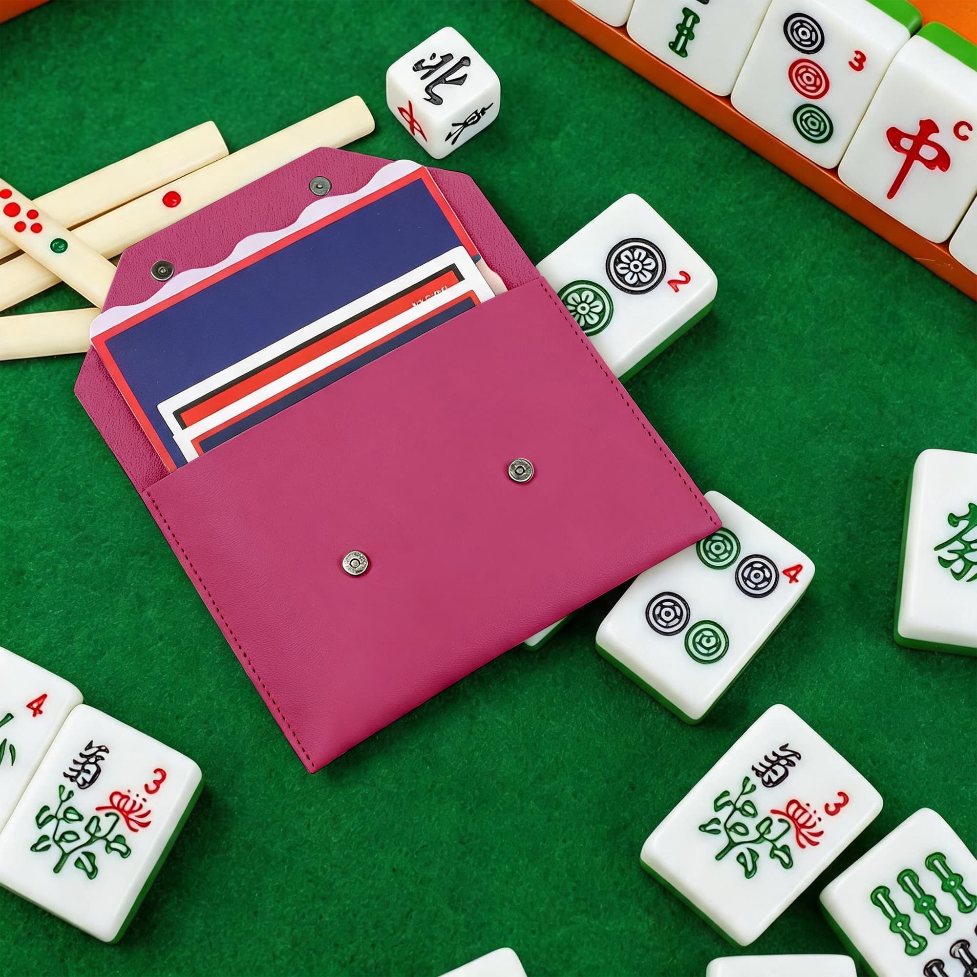 ReignSword Mahjong Card Holder, Vegan Leather Envelope Style Storage Bag, Portable Magnetic Snap Card Organizer, Travel Pouch for Mahjong Accessories (Rose Red, 8 x 5.8 Inch) - 4