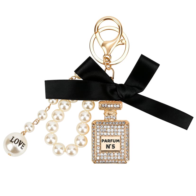 ReignSword Pearl Bow Perfume Purse Keychain for Women, Elegant Crystal Perfume Bottle Key Ring, Bling Car Key Chain & Handbag Charm (White)