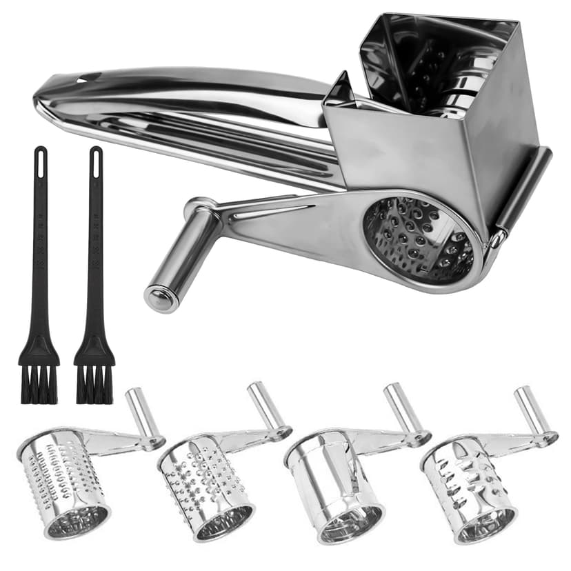 ReignSword Stainless Steel Rotary Cheese Grater, Manual Hand Crank Shredder Slicer with 4 Drums, Handheld Kitchen Tool for Hard Cheese, Chocolate, Nuts