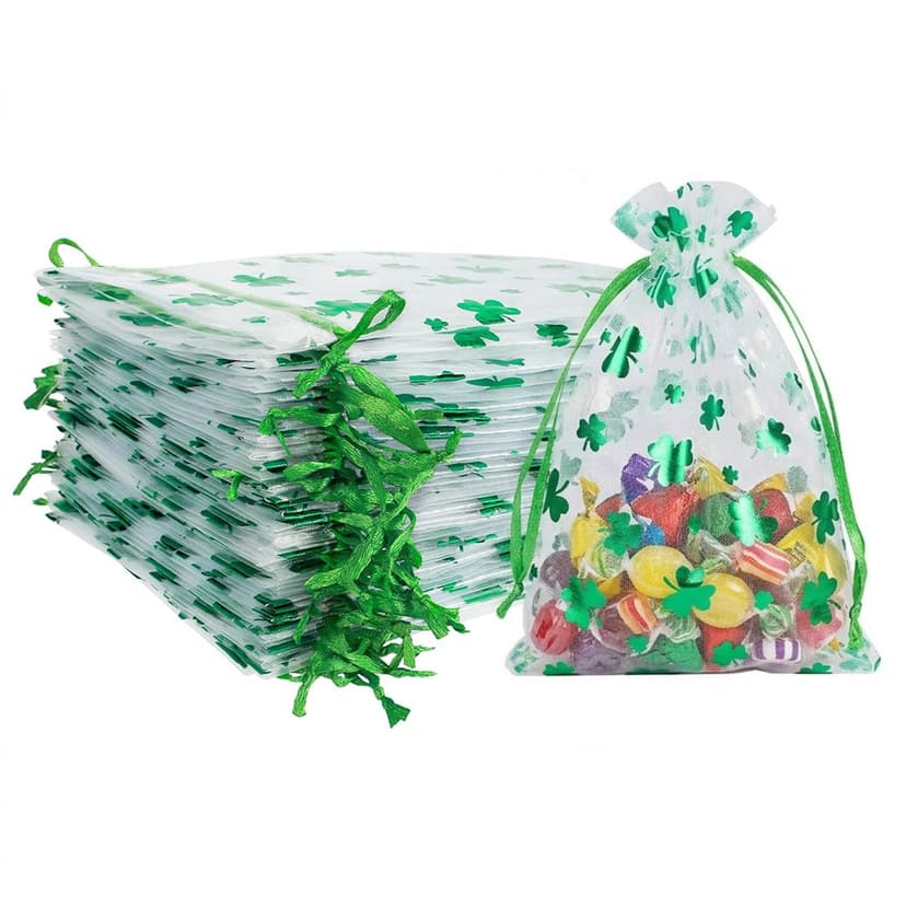 ReignSword 50 Pcs St. Patrick's Day Organza Gift Bags, Shamrock Clover Green Drawstring Mesh Treat Pouches, Goodie Bag for Party Favors, Candy, Jewelry (7 x 5 Inch)