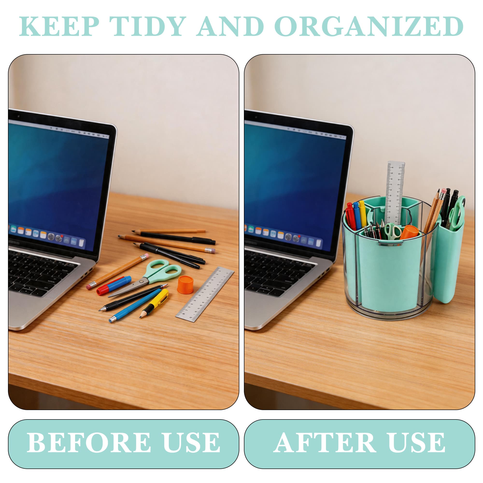 ReignSword 360° Rotating Pen Holder, Expandable 5-9 Slots Desk Organizer, Clear Detachable Pencil Cup Caddy, Aesthetic Desktop Supplies for Office Home (Green) - 3