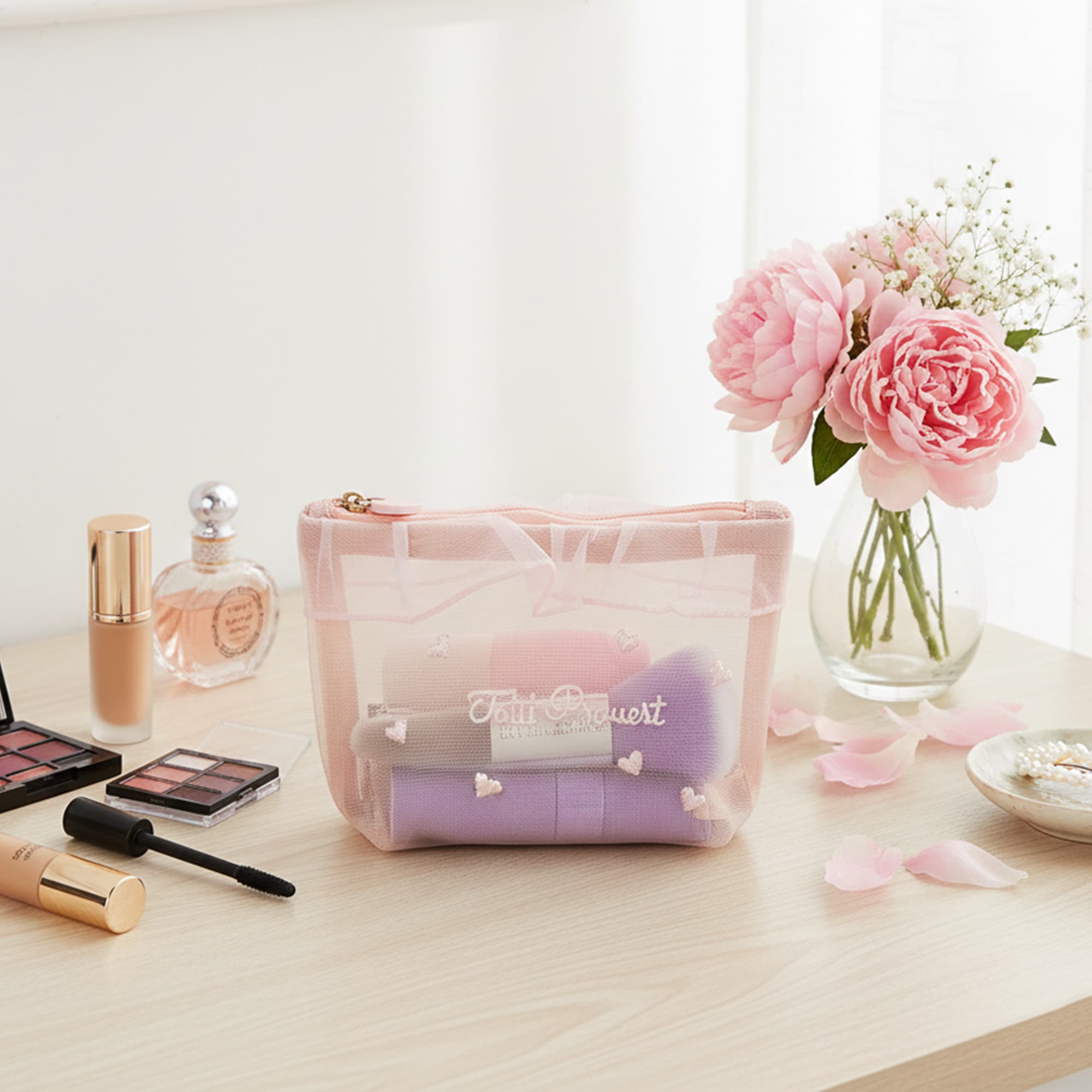 ReignSword 2 Pcs Cute Coquette Y2K Makeup Bags, Soft Mesh Zipper Storage Pouch for Earphones and Charging Cables, Travel Mini Bag for Women (Pink) - 3