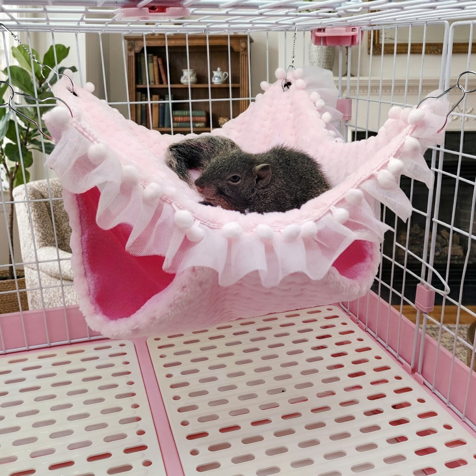 ReignSword Guinea Pig Hideout, Warm Guinea Pig Bed with Lace Trim, Hanging Bunkbed Hammock Cage Accessories for Ferret, Rat, Hamster, Chinchilla, Sugar Glider, Squirrel (Pink) - 3