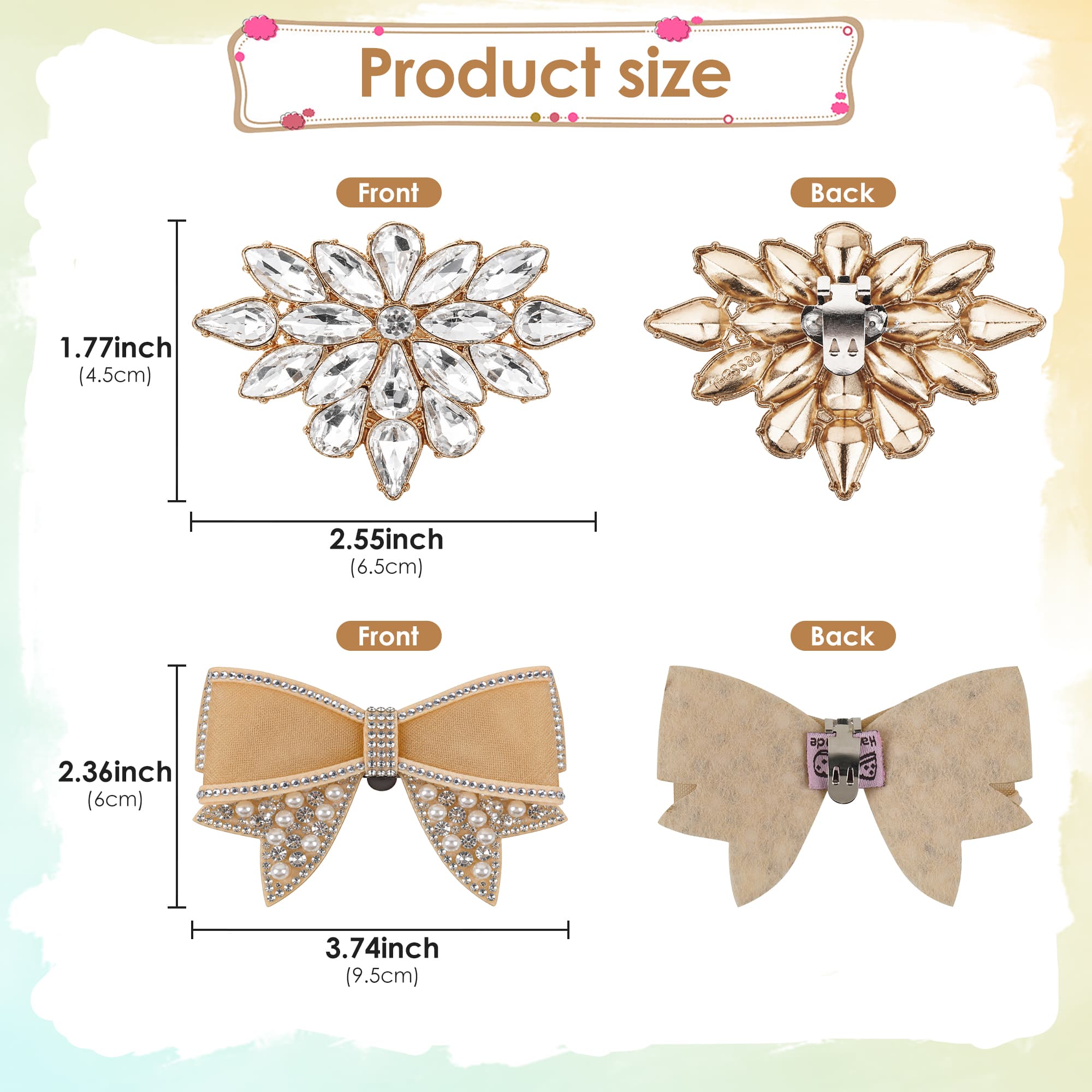ReignSword 4 Pcs Rhinestone Shoe Clips, Detachable Pearl Bow Shoes Charms, Elegant Crystal Buckles for Women Dress Shoes, Shoe Decorative Accessories for Wedding Prom Party (Gold) - 2