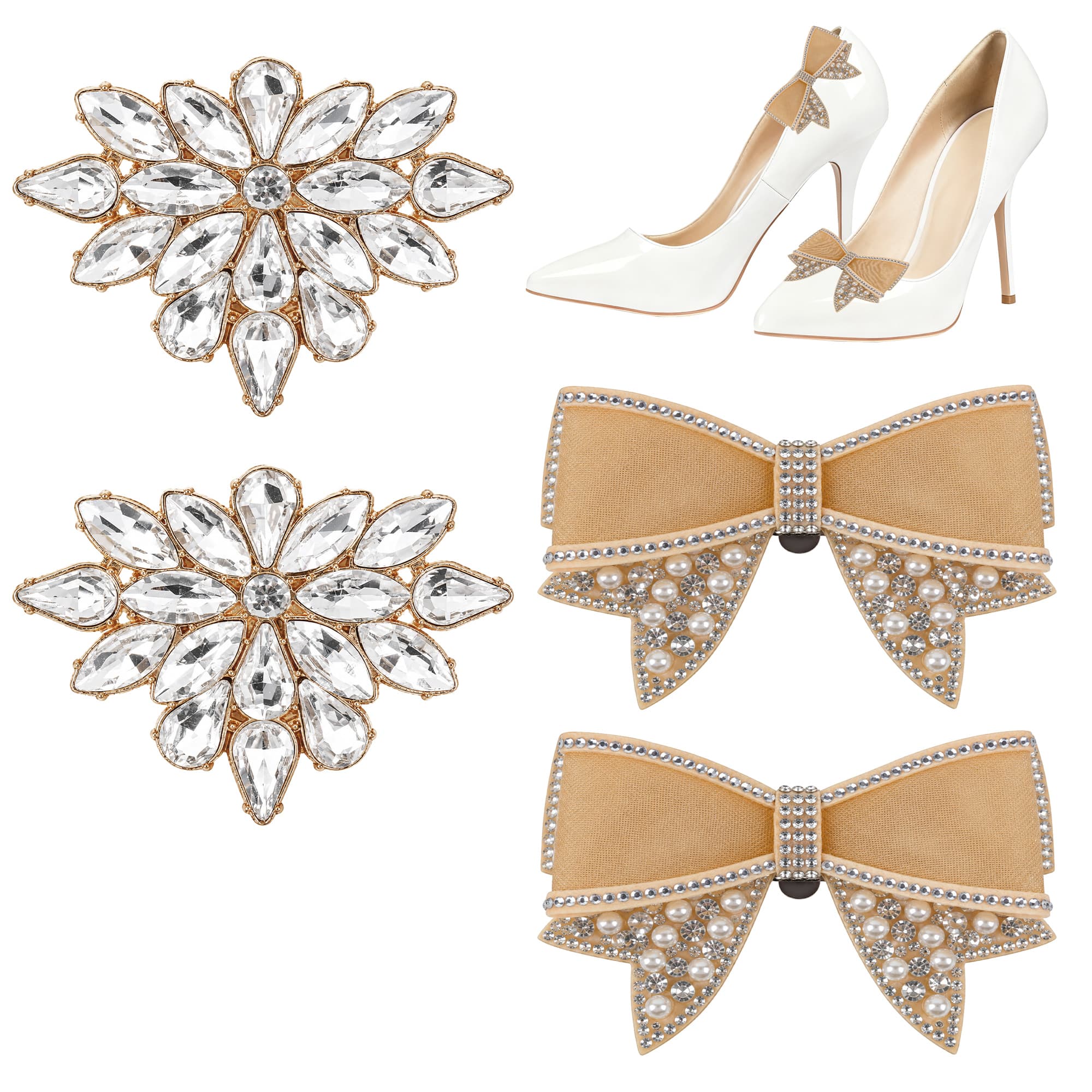 ReignSword 4 Pcs Rhinestone Shoe Clips, Detachable Pearl Bow Shoes Charms, Elegant Crystal Buckles for Women Dress Shoes, Shoe Decorative Accessories for Wedding Prom Party (Gold) - 1