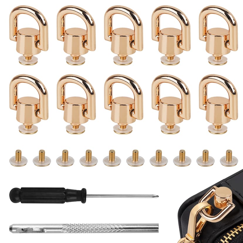ReignSword 10 Pcs D Ring Stud Screw Ball Head Buttons and A Screwdriver Tool, 360° Rotatable Metal Hardware, Making Supplies for DIY Purse Backpack Belt Craft Accessories (Gold)