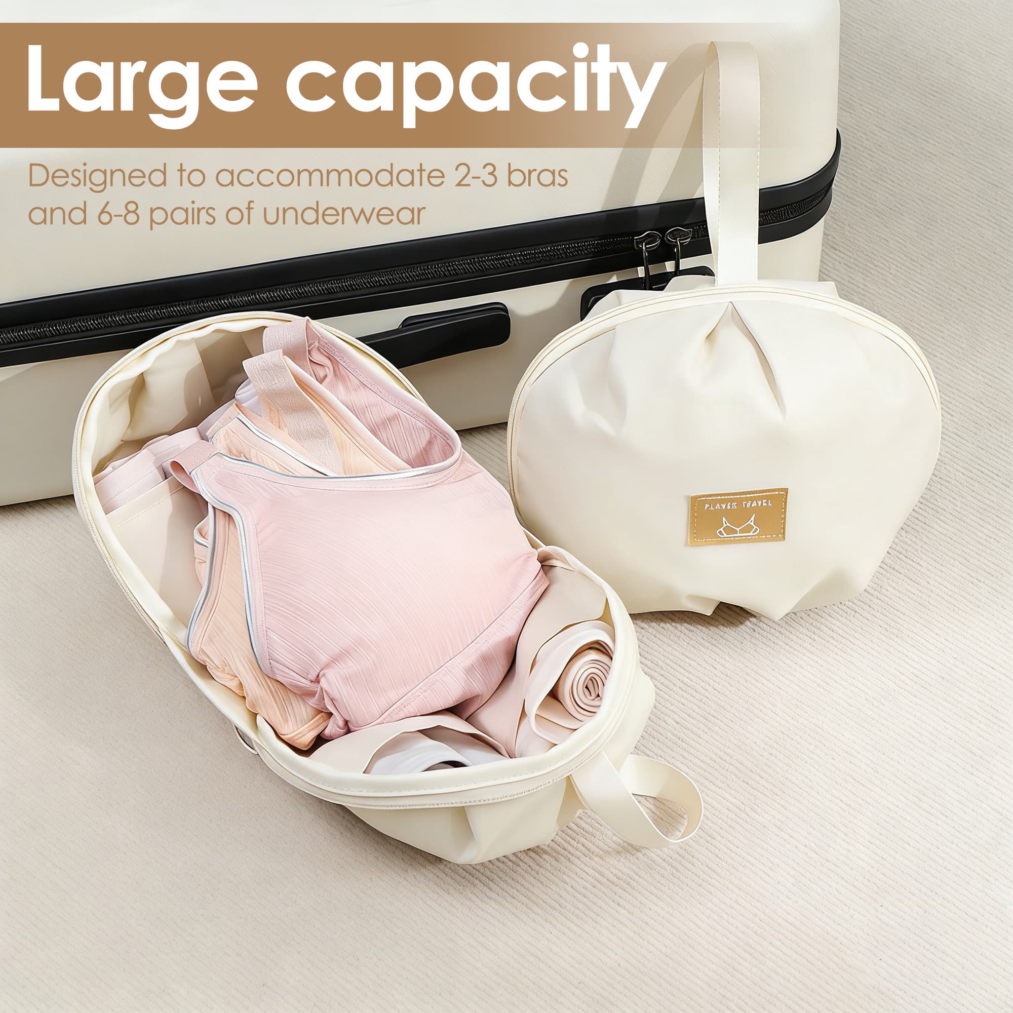 ReignSword Travel Underwear and Sock Organizer Bag, Portable Lightweight Packing Storage Bag for Women, Multiple Compartments and Pockets (Beige ) - 2