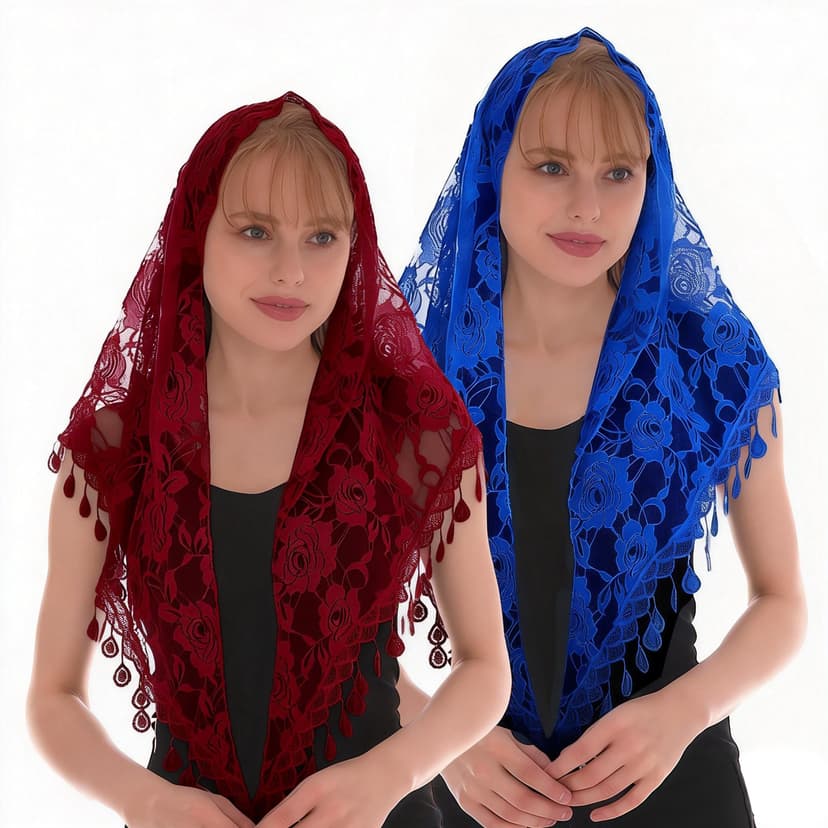 ReignSword 2 Pcs Triangle Lace Mantilla Veil Tulle Scarf, Lace Head Coverings for Women, Veils for Church Catholic (Red and Blue)