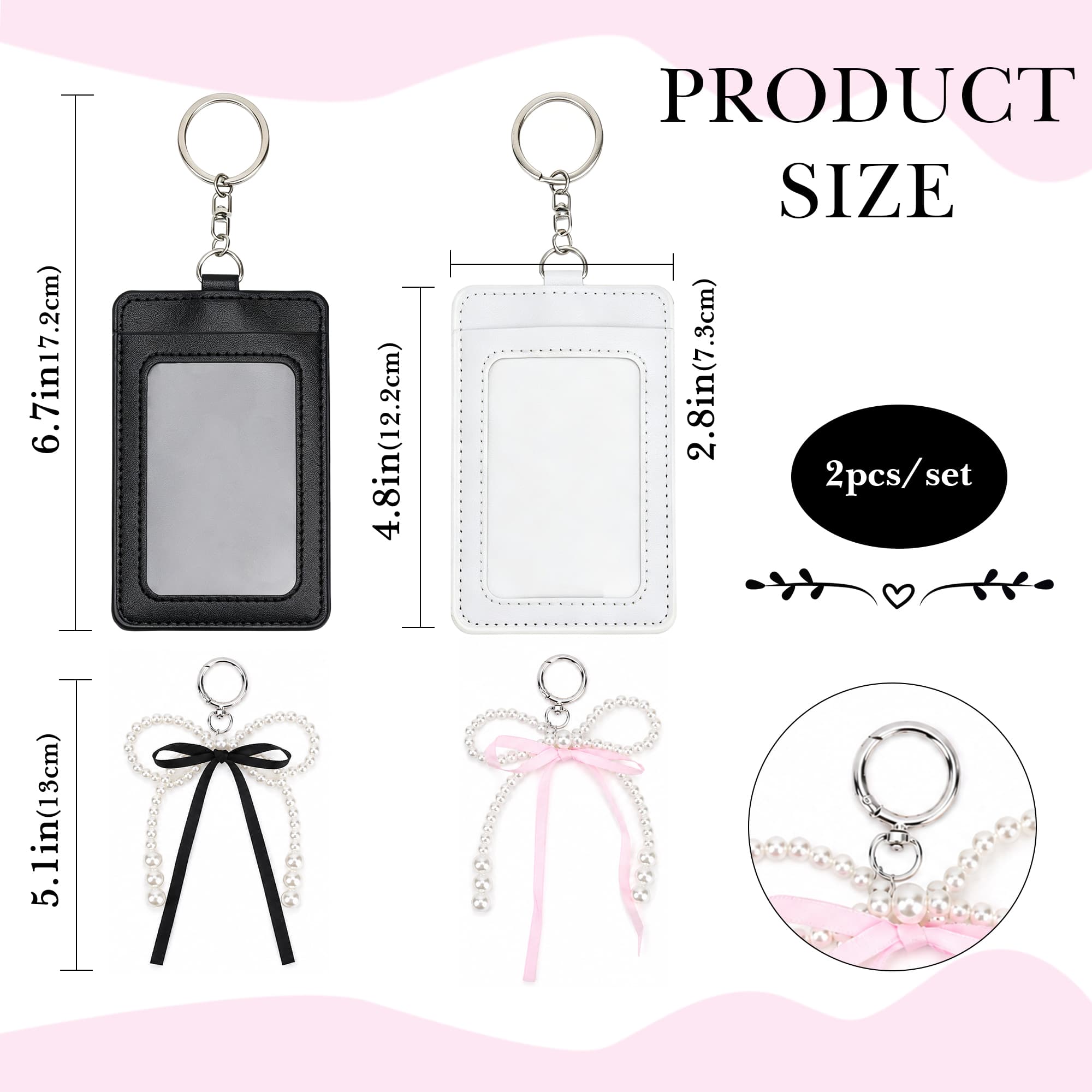 ReignSword 2-Pack Photocard Holder with Pearl Bow, Vegan Leather Cute Badge Holders, Transparent Photo Card Display Case for Bus Bank ID Cards (4.3" x 2.8", Black & White) - 2