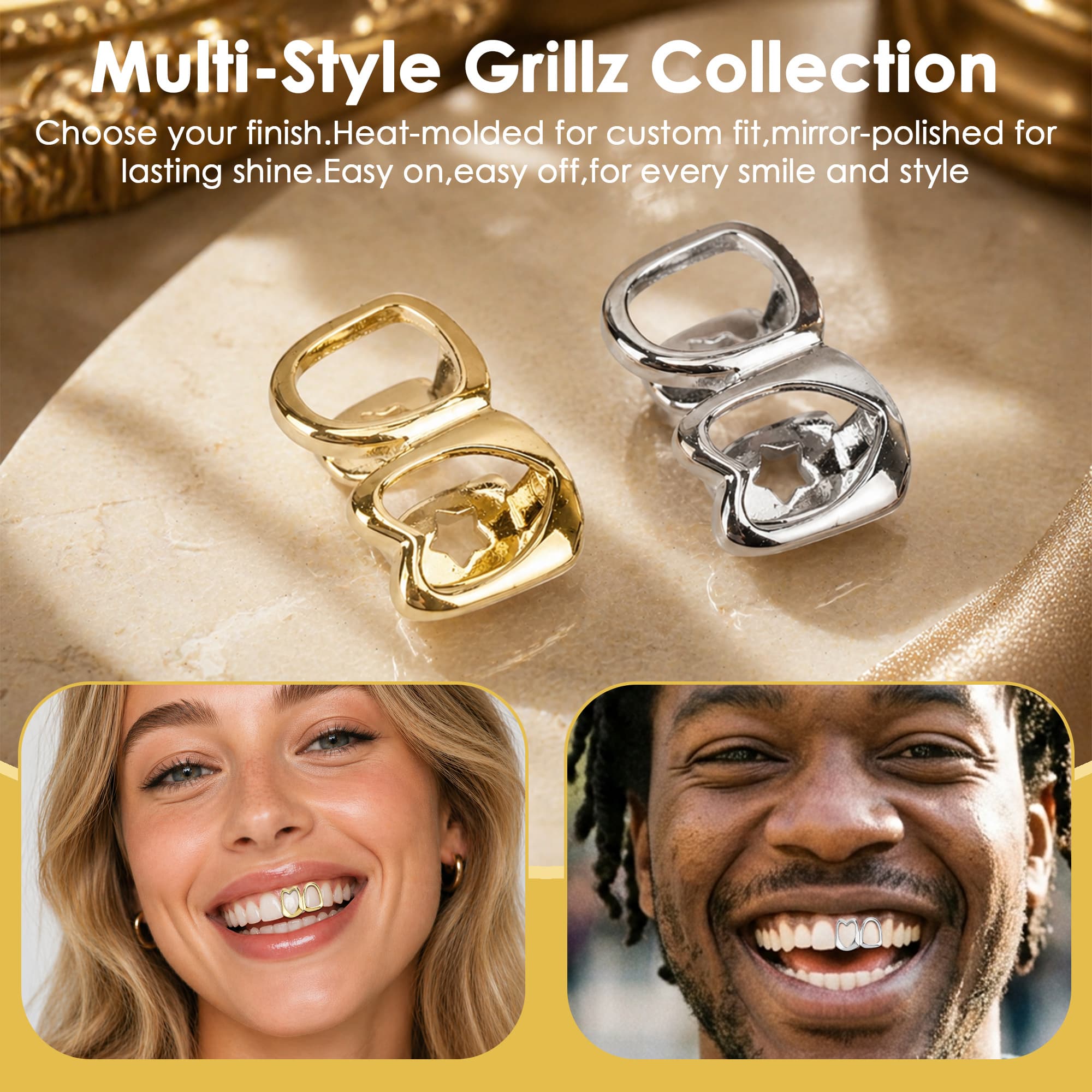 ReignSword Gold Teeth Grillz for Men Women, Adjustable Gold Tooth Cap with Heart, Hip Hop Fashion Teeth Jewelry, Custom Fit Mouth Grill for Party, Concert, Halloween Costume Accessory - 3