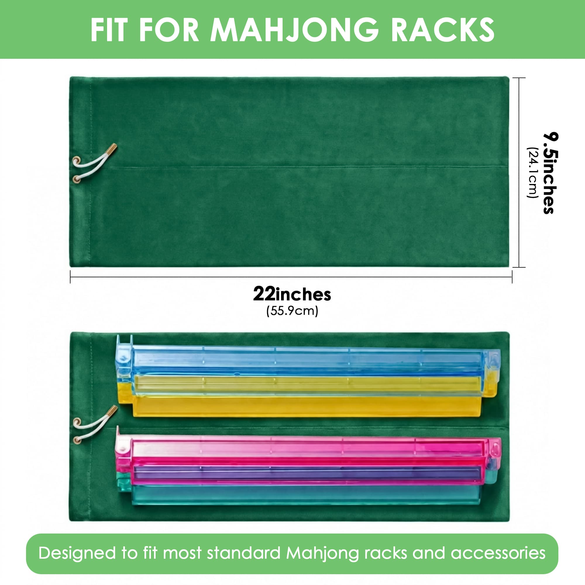 ReignSword Velvet Mahjong Rack Storage Bag, 22x9.5 Inch Drawstring Pouch, 2-Compartment Organizer for 4 Mahjong Racks & Pushers, Protective Holder for Mah Jongg Accessory (Green) - 2