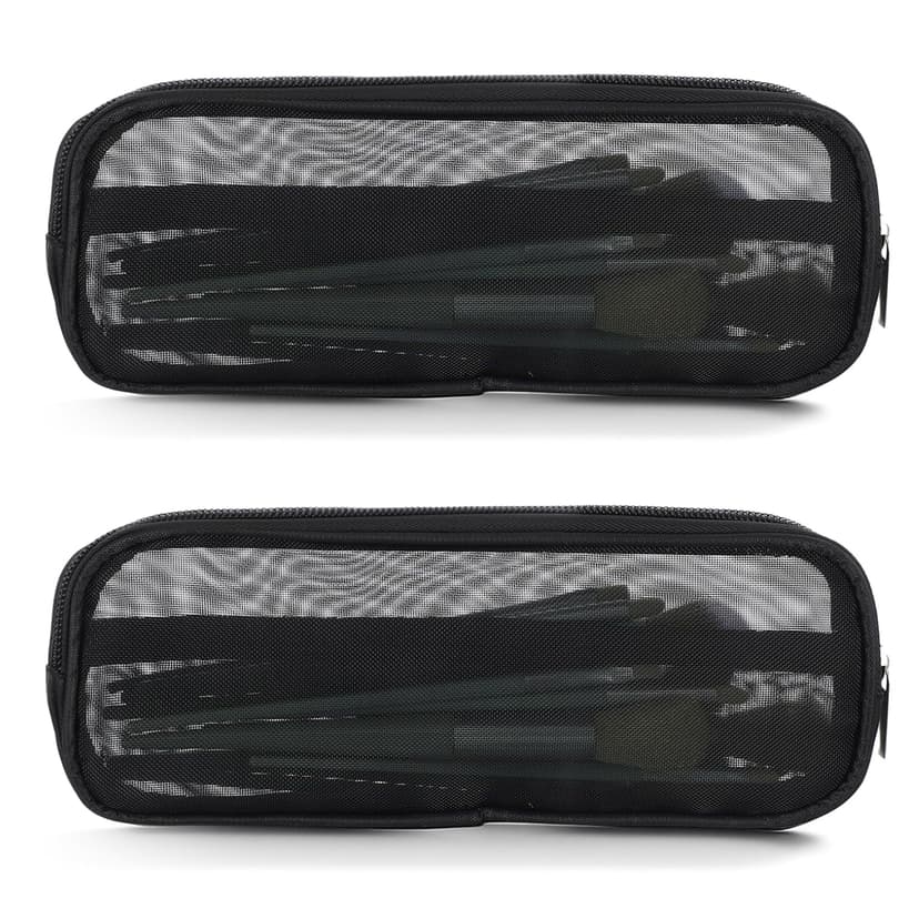 ReignSword 2 Pcs Mesh Makeup Brush Bag with Zipper, Nylon Travel Makeup Brush Holder, Washable Cosmetic Pouch Pencil Case for Travel Essentials (Black)