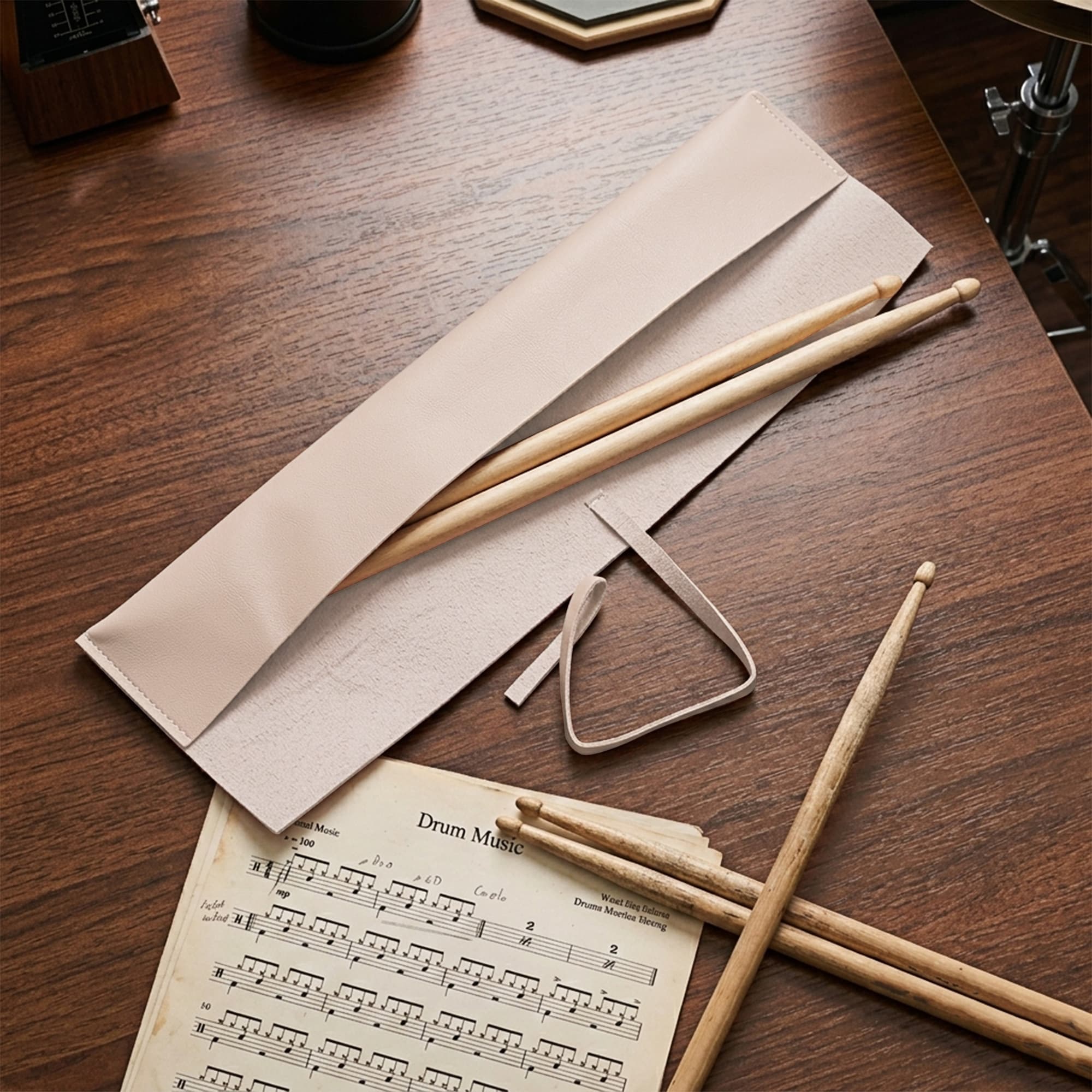 ReignSword Drum Stick Bag, Vegan Leather Drumstick Storage Holder with Fixing Strap, Portable Drumstick Organizer Sleeve for Drum Accessories, Beige, 17 x 2.8 Inches - 2