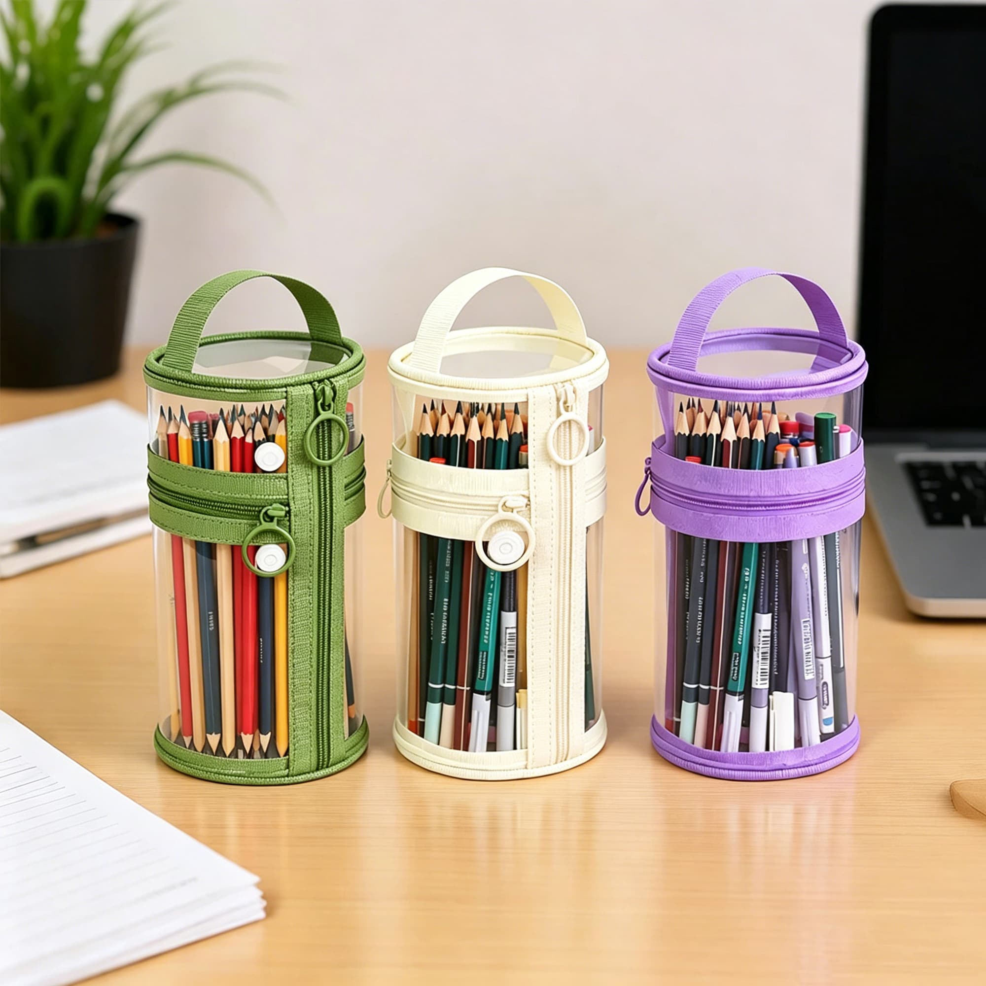 ReignSword Clear Pencil Case, PVC Cylindrical Pen Bag, Multifunction Zipper Pouch for Makeup, Transparent Handheld Bag for Adults/Office (Green) - 5