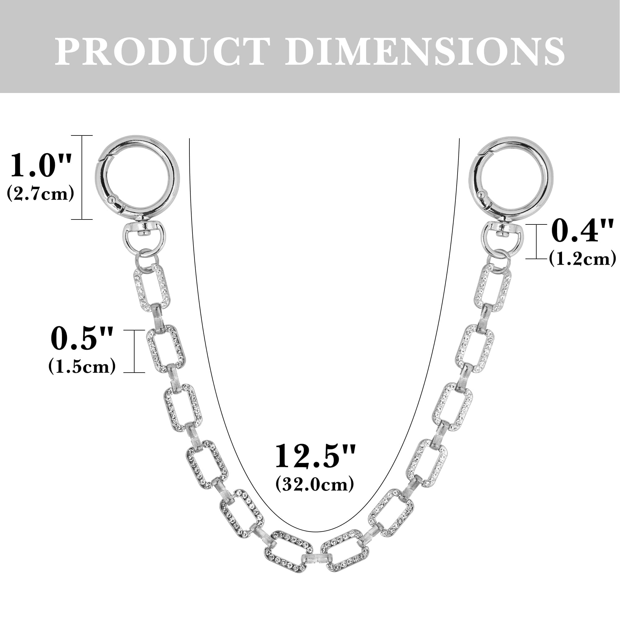 ReignSword Bag Accessory Chain for Women, Brilliant Zircon Square Link Purse Extender, Handbag Decor Strap for Wedding Evening Party (Silver, 12.2 Inch) - 1