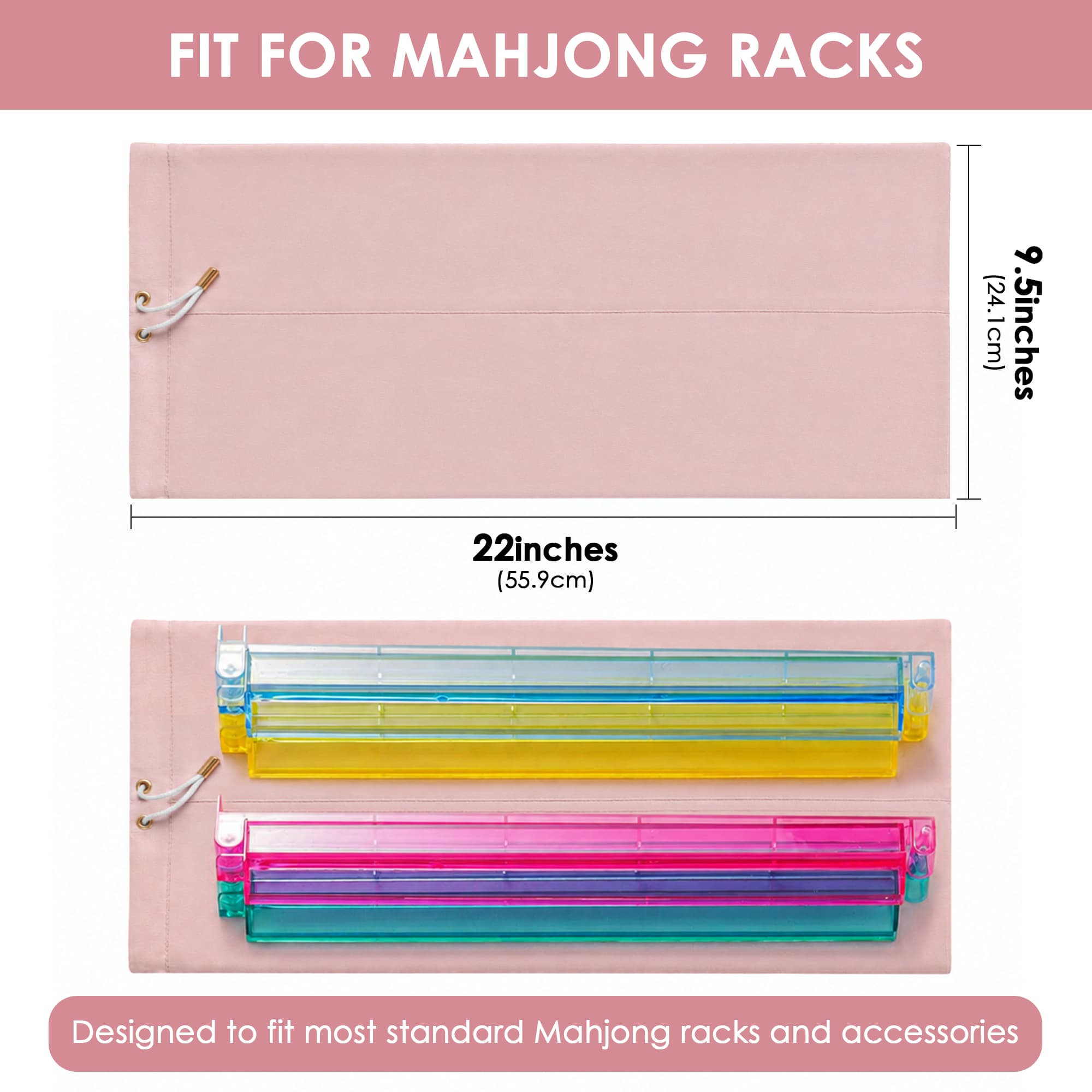 ReignSword Velvet Mahjong Rack Storage Bag, 22x9.5 Inch Drawstring Pouch, 2-Compartment Organizer for 4 Mahjong Racks & Pushers, Protective Holder for Mah Jongg Accessory (Pink ) - 1