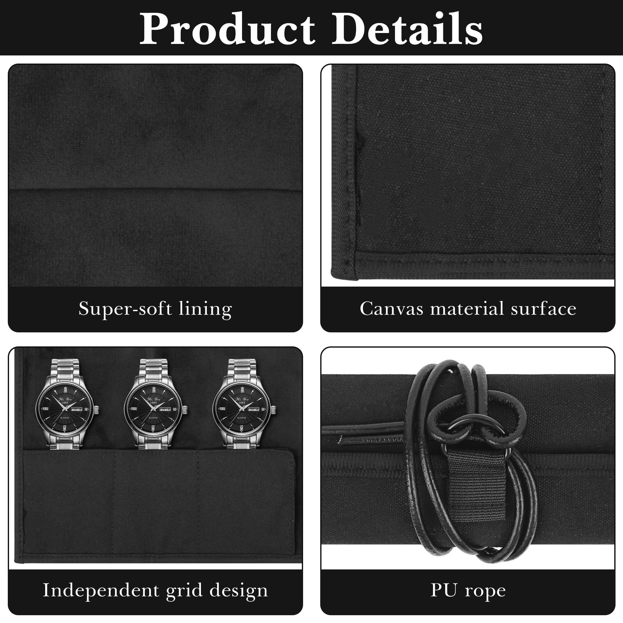 ReignSword Watch Roll Travel Case for 3 Watches, Portable Watch Organizer with Soft Lining, Roll Up Watch Storage Pouch (Black) - 3