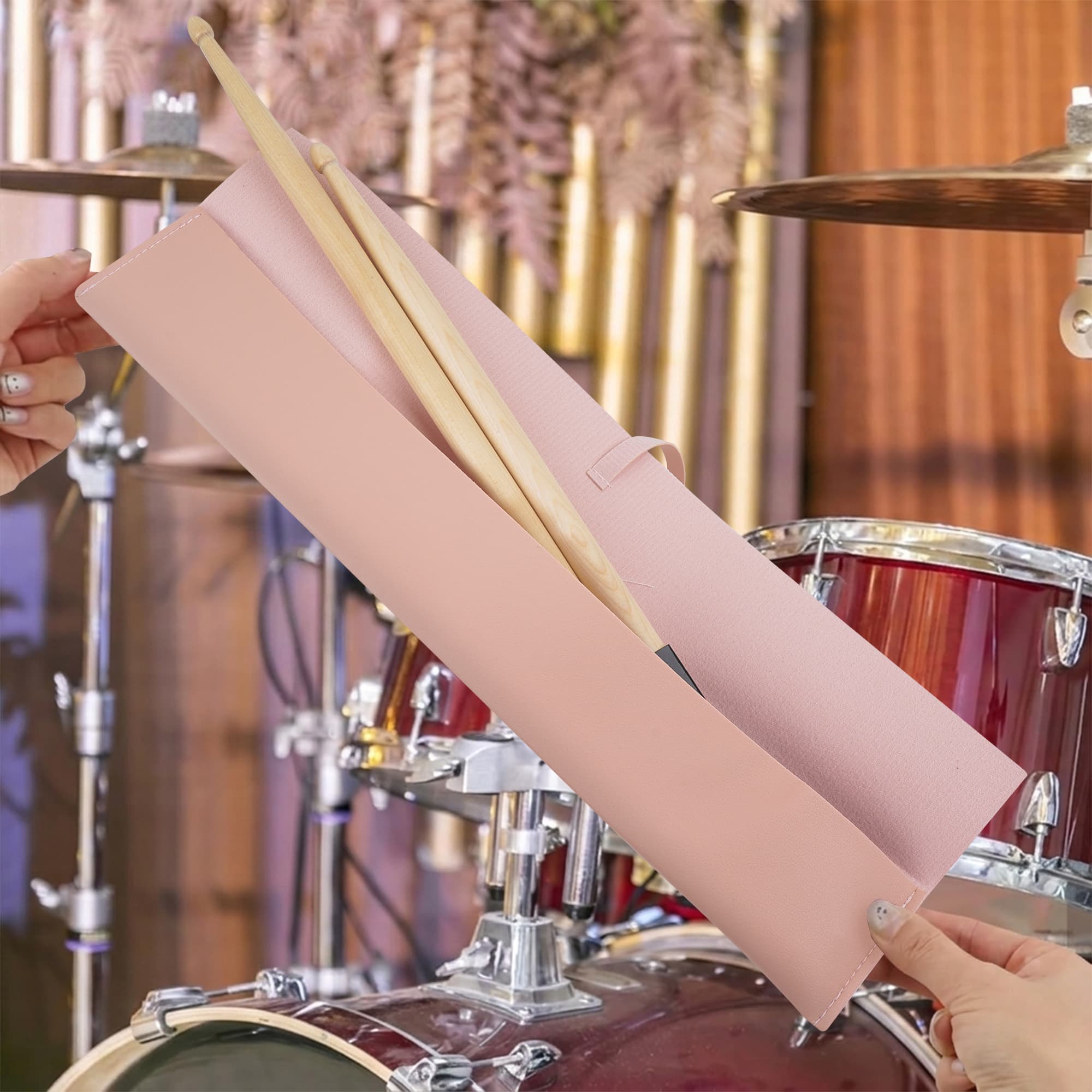 ReignSword Drum Stick Bag, Vegan Leather Drumstick Storage Holder with Fixing Strap, Portable Drumstick Organizer Sleeve for Drum Accessories, Pink, 17 x 2.8 Inches - 5