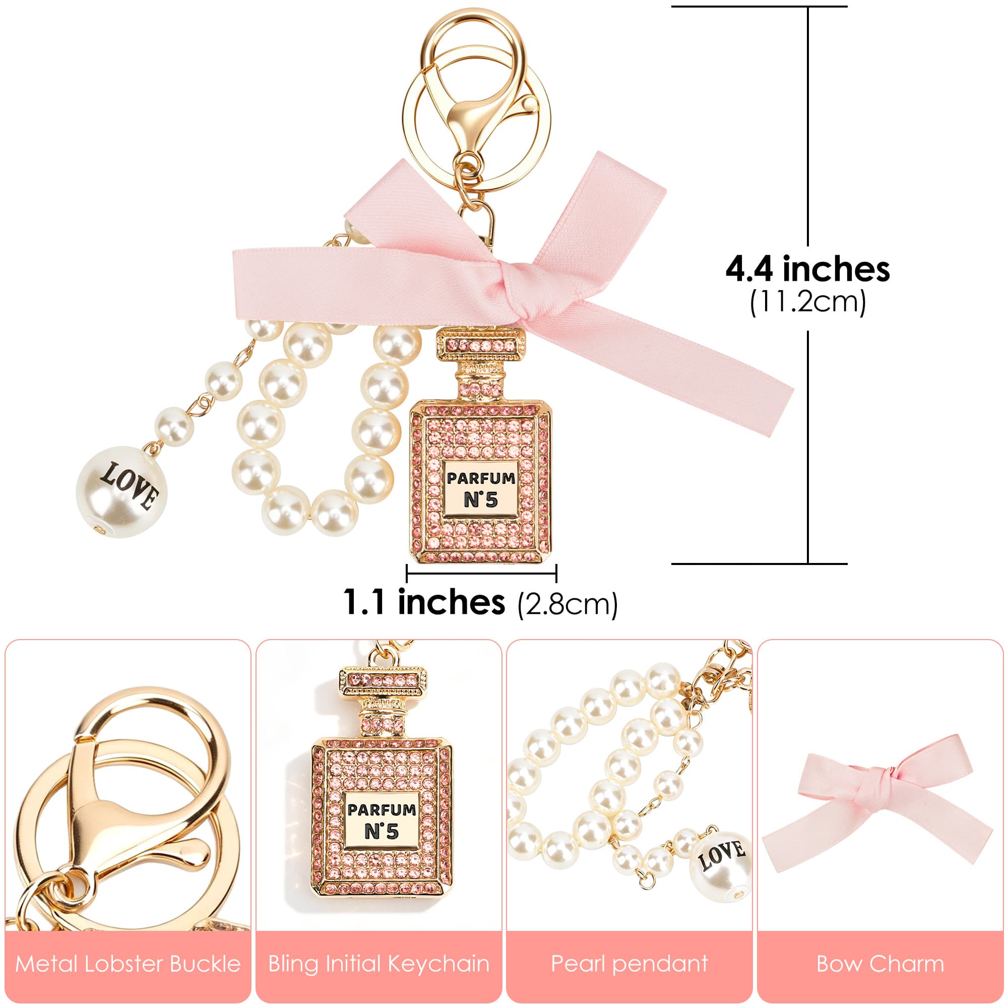 ReignSword Pearl Bow Perfume Purse Keychain for Women, Elegant Crystal Perfume Bottle Key Ring, Bling Car Key Chain & Handbag Charm (Pink) - 3