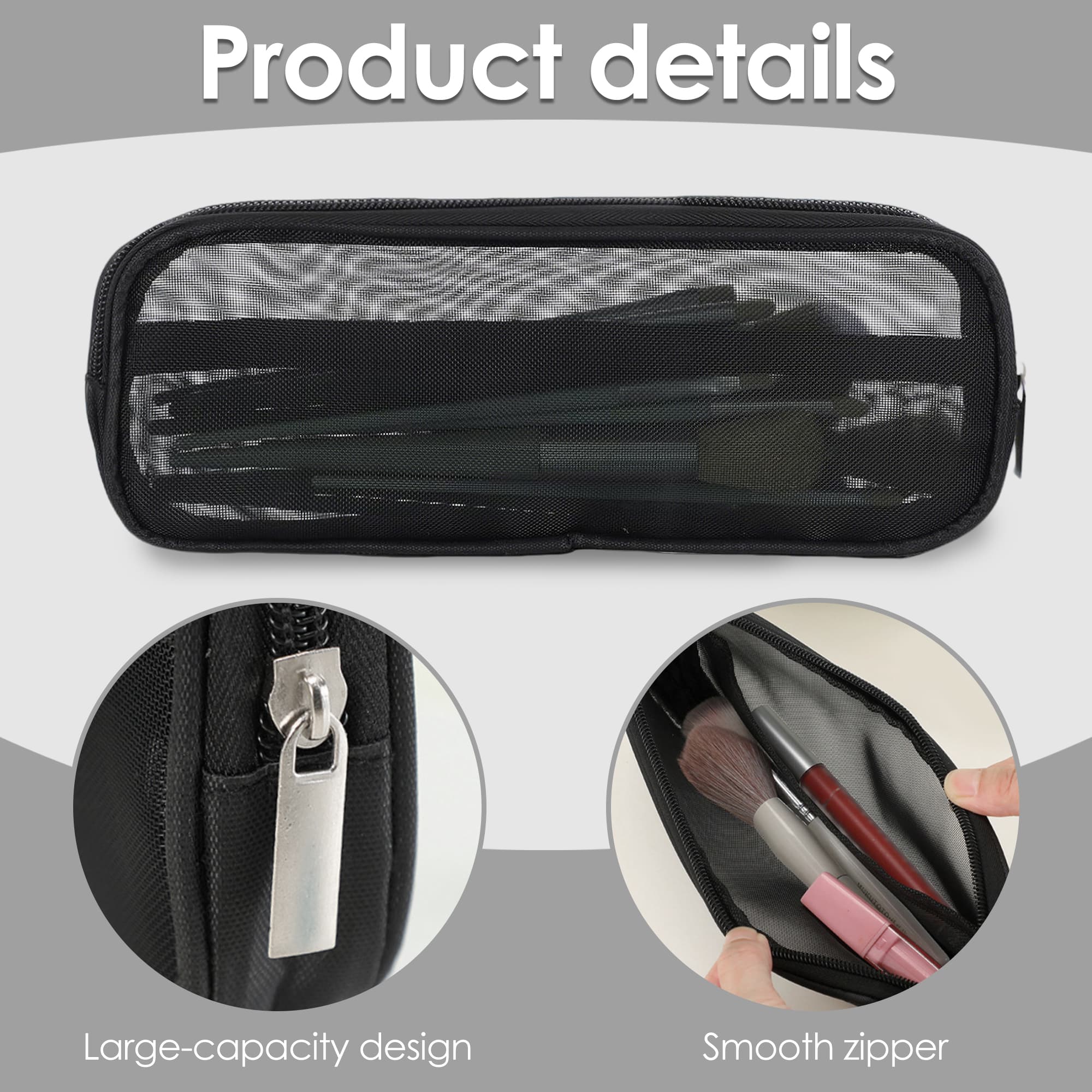 ReignSword 2 Pcs Mesh Makeup Brush Bag with Zipper, Nylon Travel Makeup Brush Holder, Washable Cosmetic Pouch Pencil Case for Travel Essentials (Black) - 2