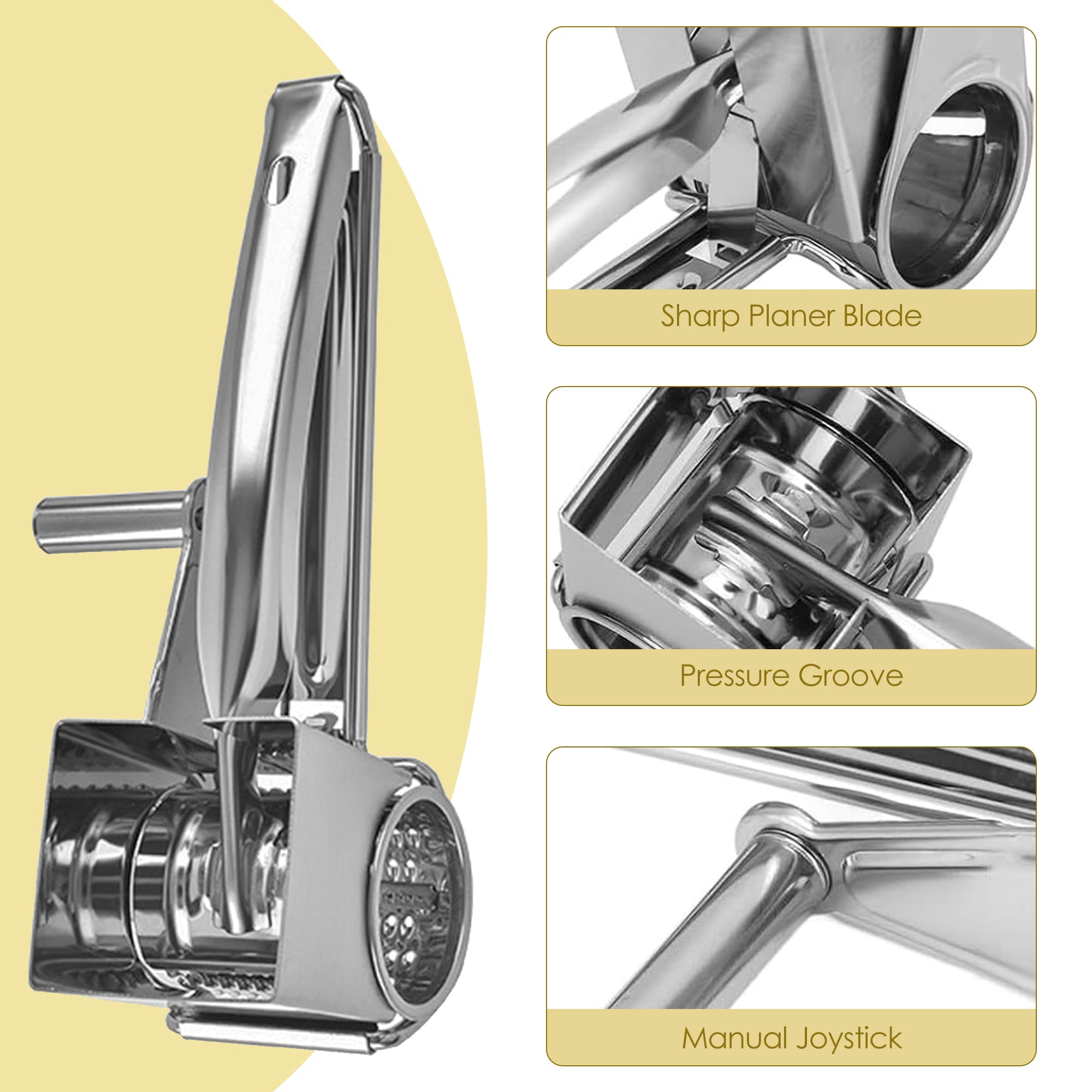 ReignSword Stainless Steel Rotary Cheese Grater, Manual Hand Crank Shredder Slicer with 4 Drums, Handheld Kitchen Tool for Hard Cheese, Chocolate, Nuts - 4