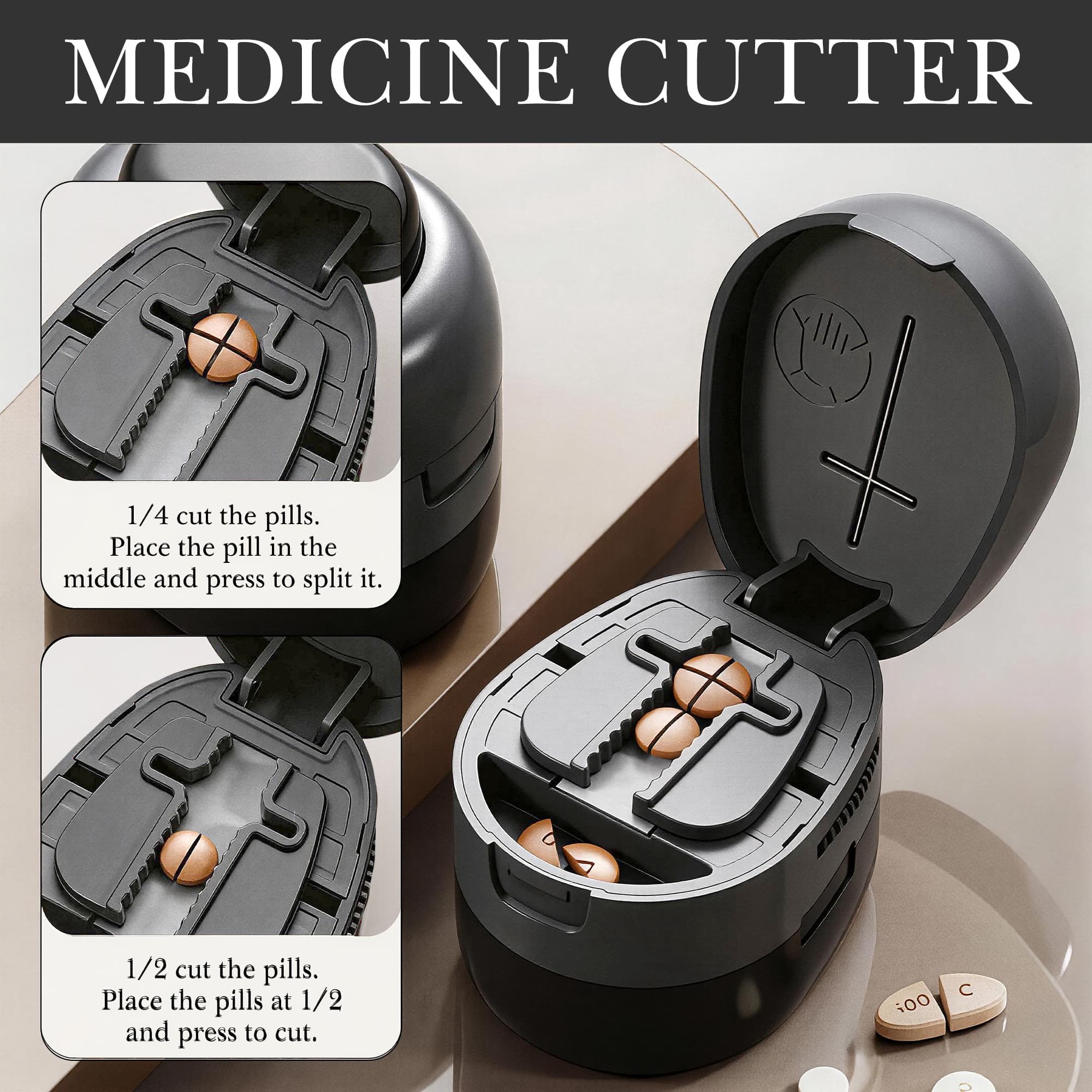 ReignSword 2-in-1 Pill Cutter with Medicine Box, 1/2 1/4 Adjustable Pill Crusher for Small, Large, and Tiny Pills, Travel Medicine Pills Splitter for Elderly & Pet (Black) - 3