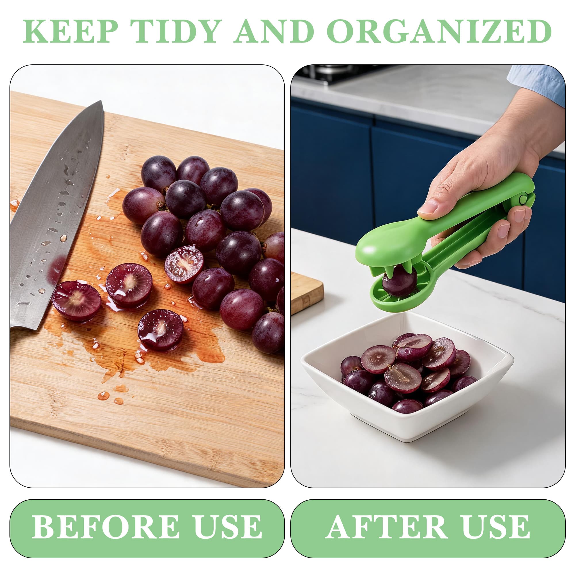 ReignSword 2 Pcs Grape Cutter Slicer, Plastic Cherry Tomato & Strawberry Quarter Cutter, Quick Fruit Slicing Tool for Salads, Kitchen Gadget for Small Fruits (Green) - 6