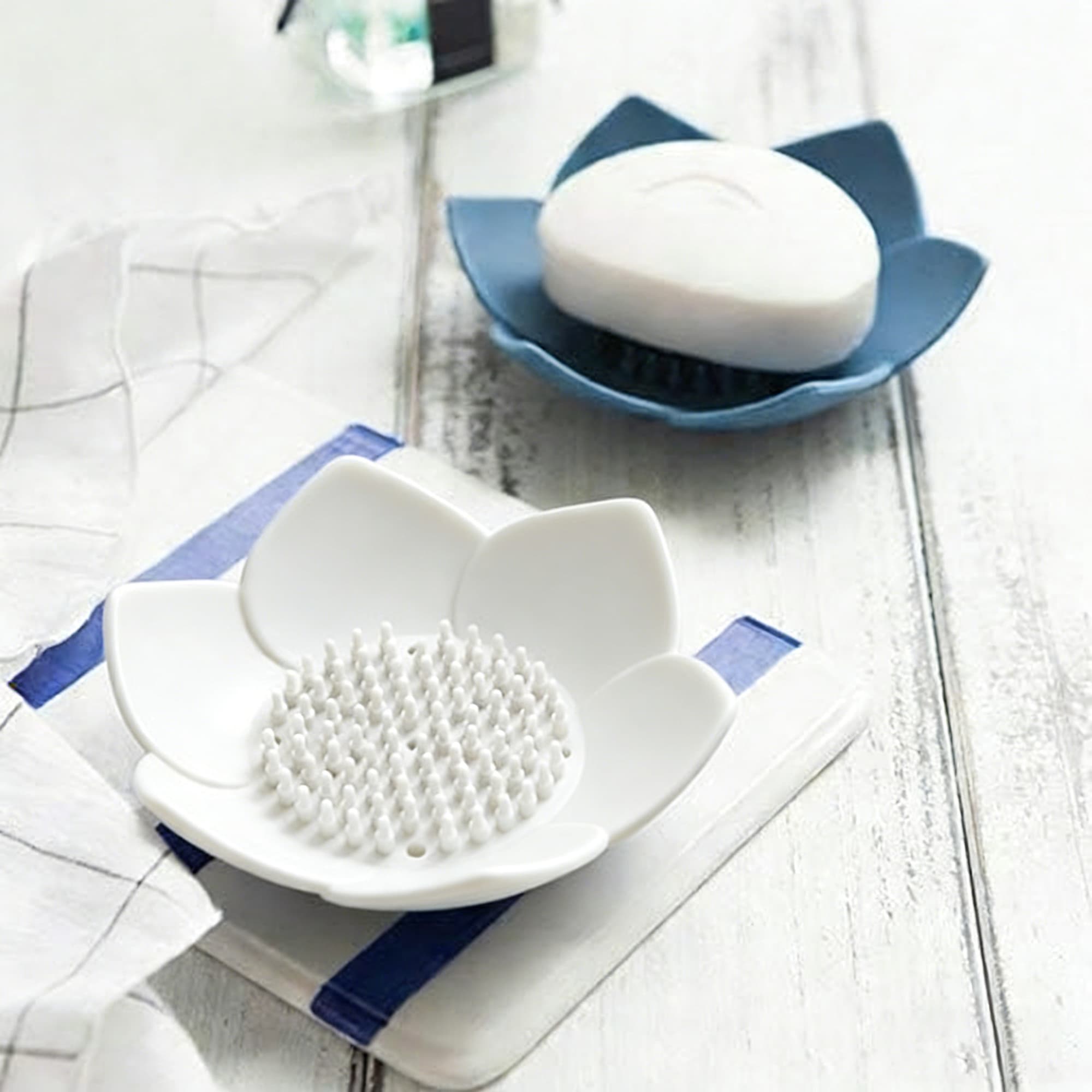 ReignSword 3 Pack Soap Dish, Bar Soap Holder, Bathroom Soap Tray with Drain, Lotus Silicone Soap Holder for Bathroom Shower (Blue, Pink, White) - 3