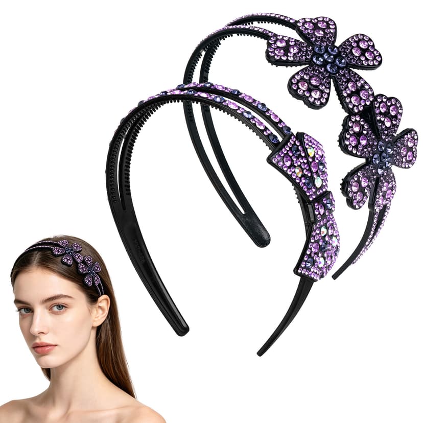 ReignSword 2 Pack Rhinestone Headbands for Women, Sparkly Crystal Bow & Flower Hair Bands, Non-Slip Plastic Hair Hoops for Daily Party (Purple)