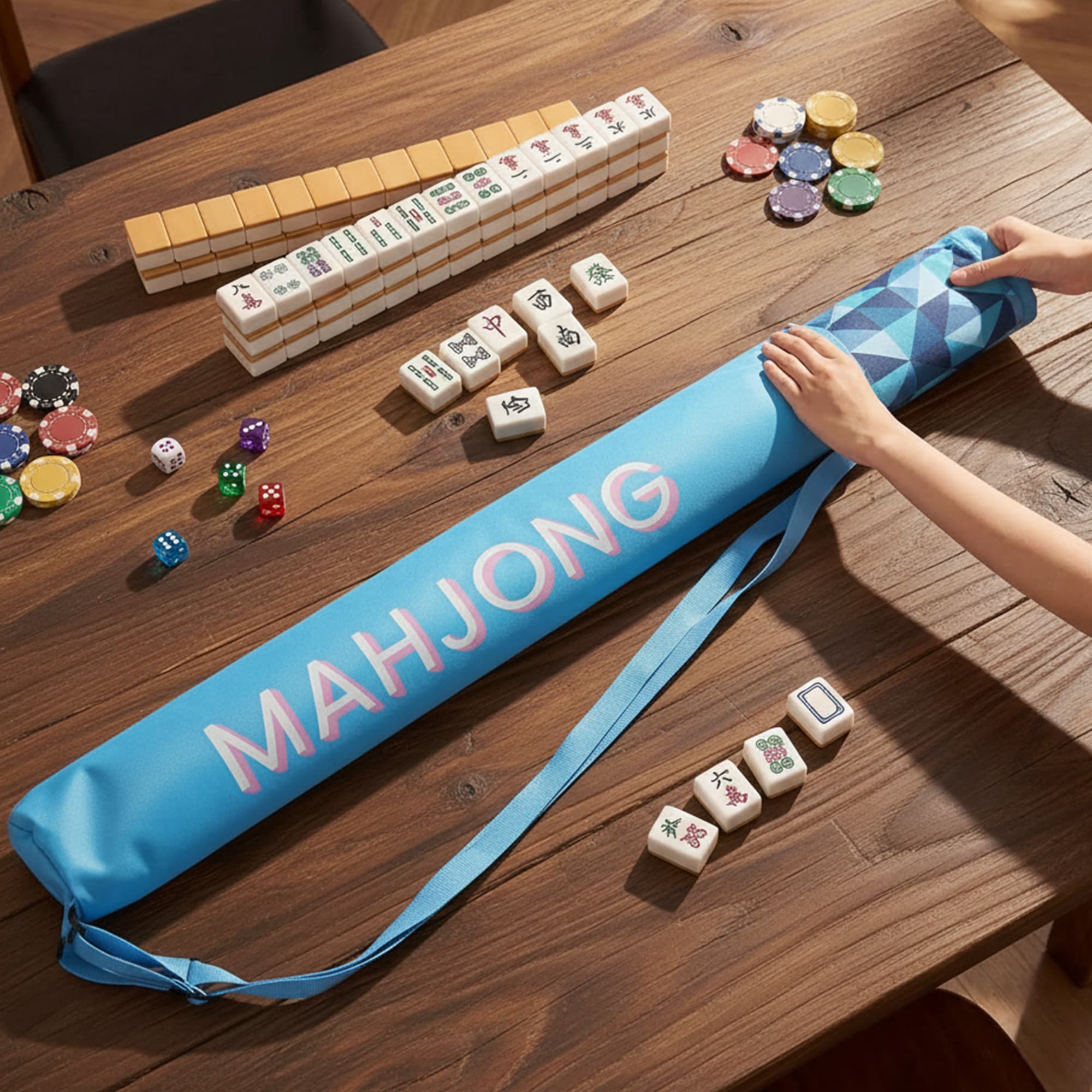 ReignSword Long Mahjong Mat Bag, 34 Inches Double-Shoulder Strap Mahjong Tile Bag with Drawstring, Lightweight Outdoor Portable Carrying Bag for Board Games, Yoga Mats (Blue) - 4