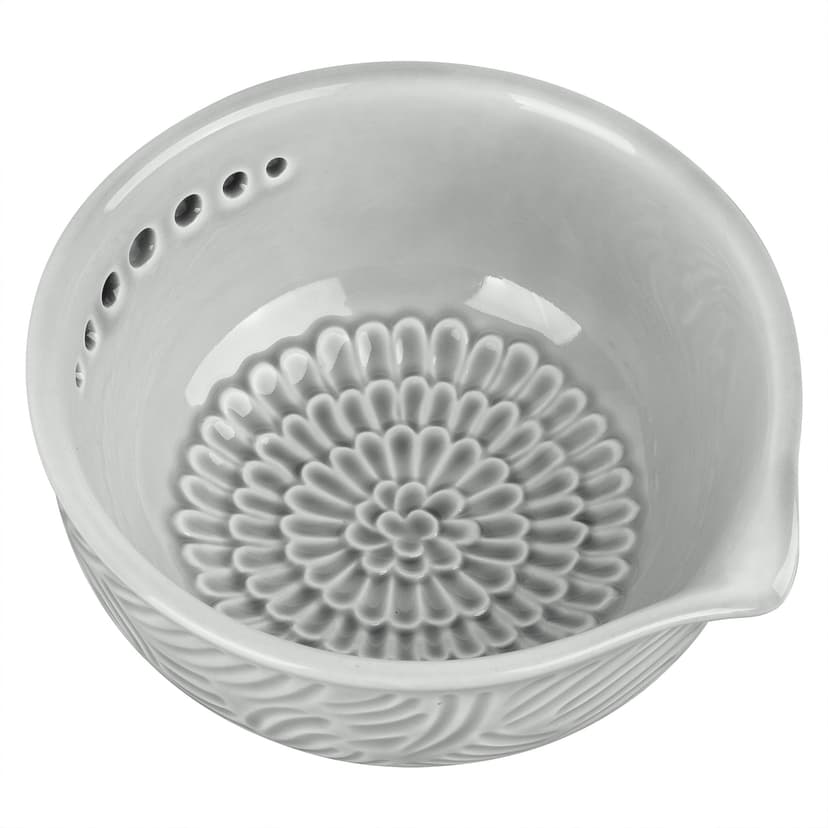 ReignSword Ceramic Garlic Grater Bowl, Gray Embossed Ginger Grater Plate with Stripping Holes, Multi-Use Grinder for Garlic Ginger, with Silicone Brush